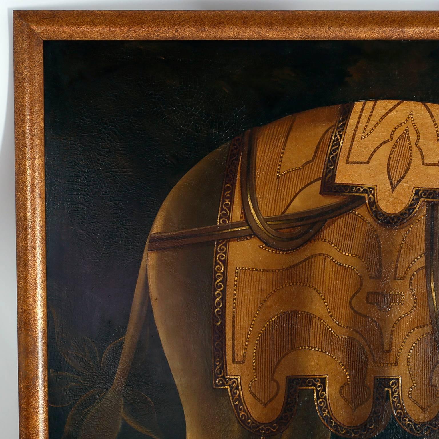 Oil painting on canvas of a well dressed elephant that manages to be both amusing and moody. Giving a nod to Victorian parlor paintings but with a modern twist. This striking painting has contrived aging and
patina. Signed Reginald Baxter in the