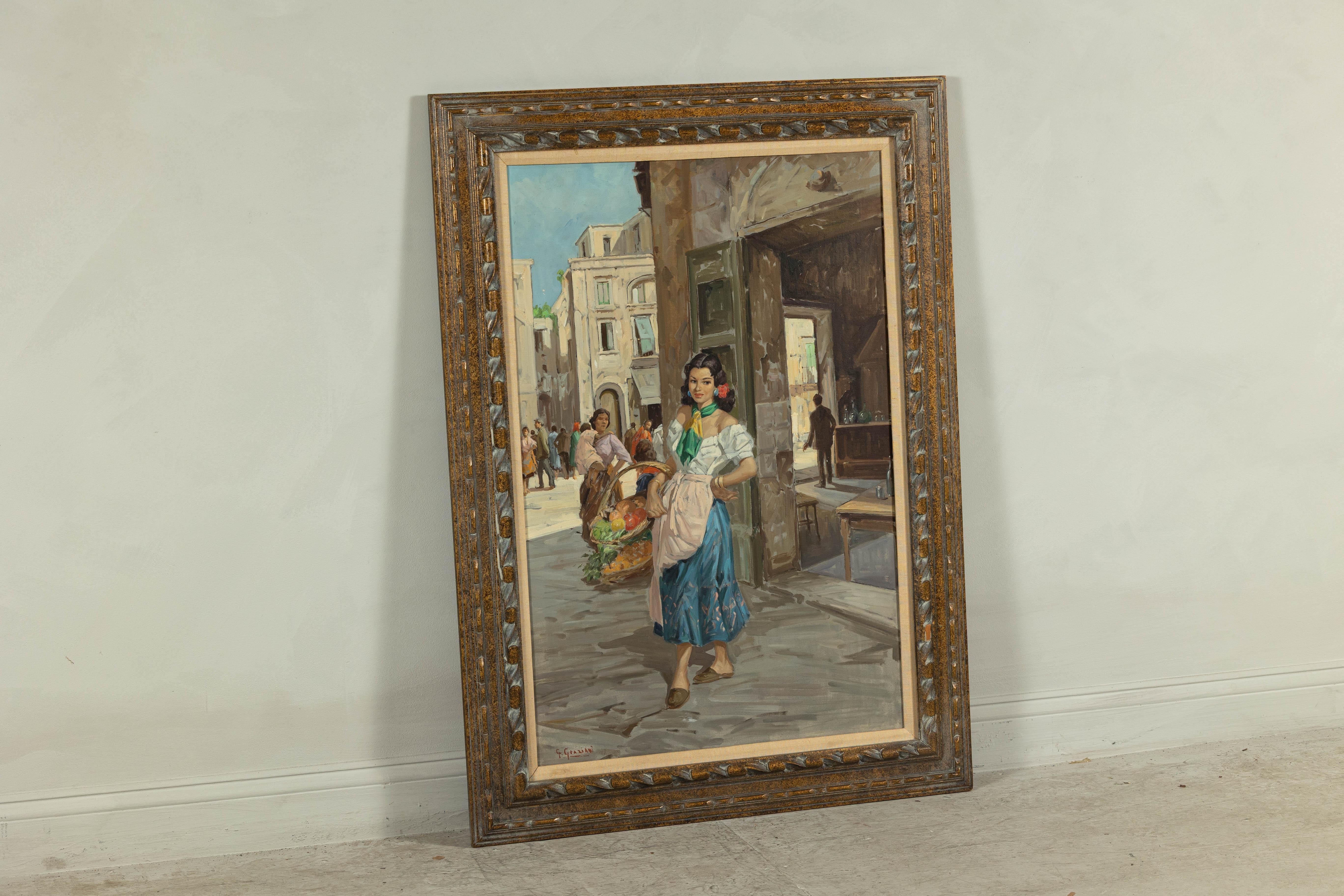 Peinture à l'huile d'une femme italienne dans une scène de marché signée G. Graziani en vente 6