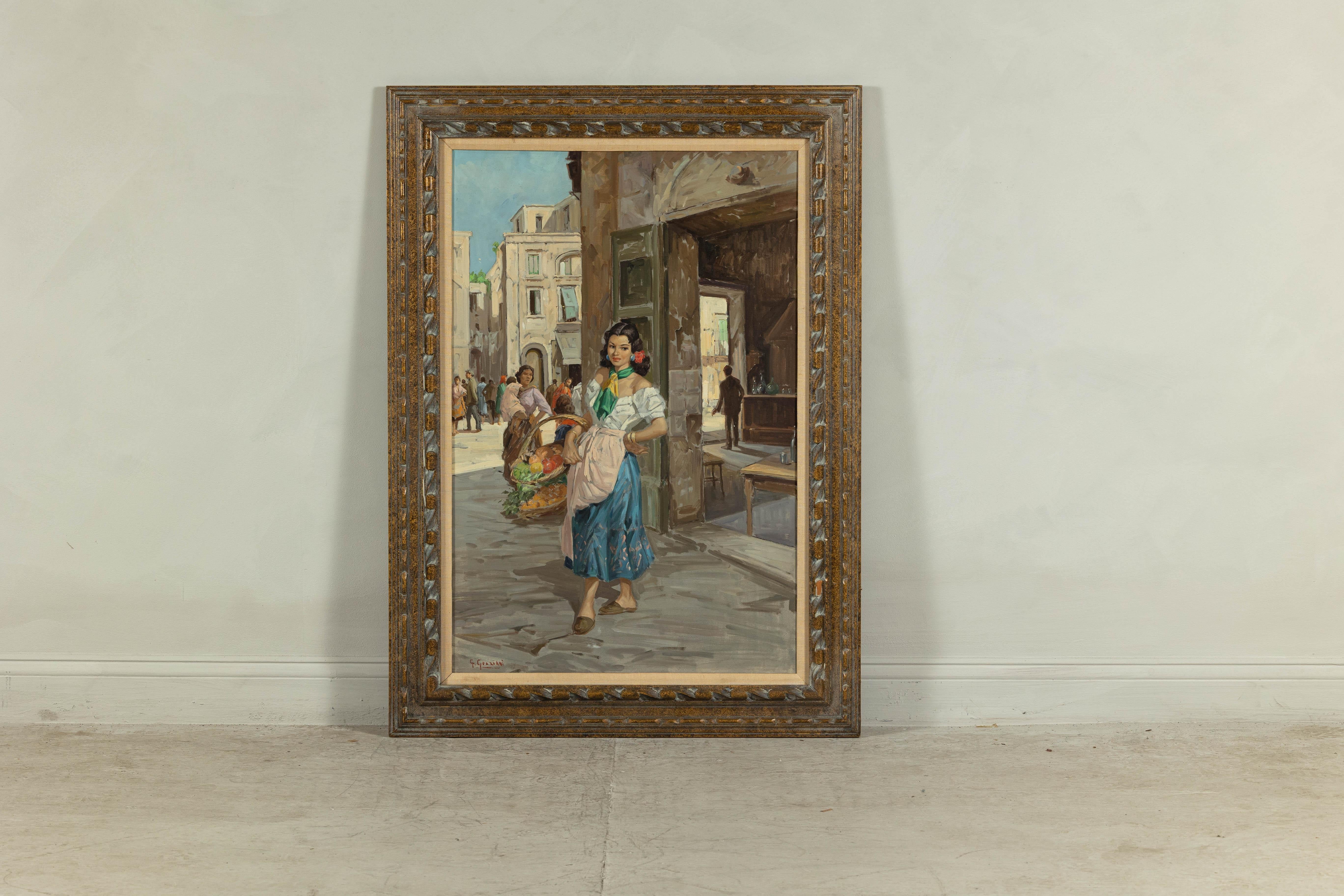 Peinture à l'huile d'une femme italienne dans une scène de marché signée G. Graziani en vente 11