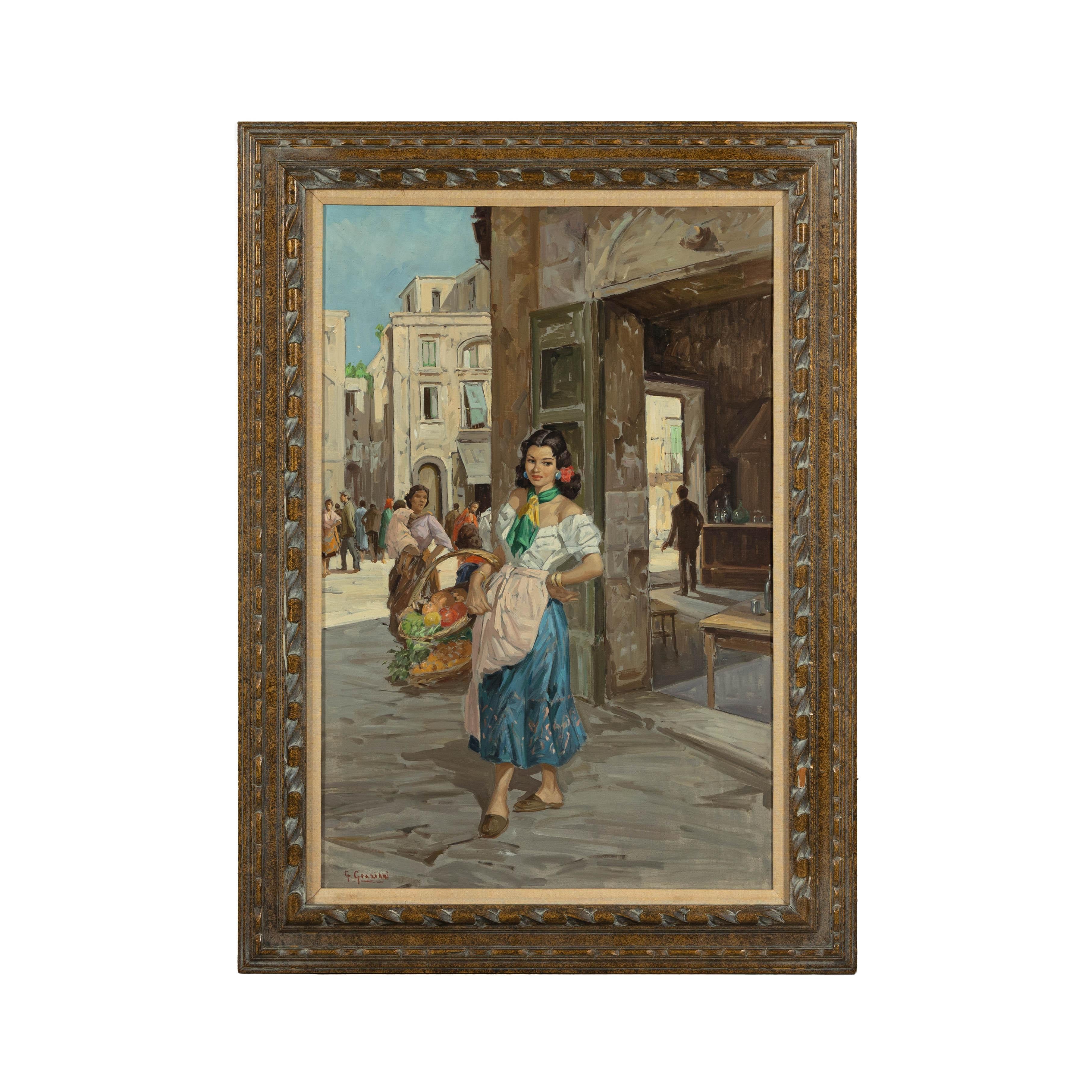 Peinture à l'huile d'une femme italienne dans une scène de marché signée G. Graziani en vente 12