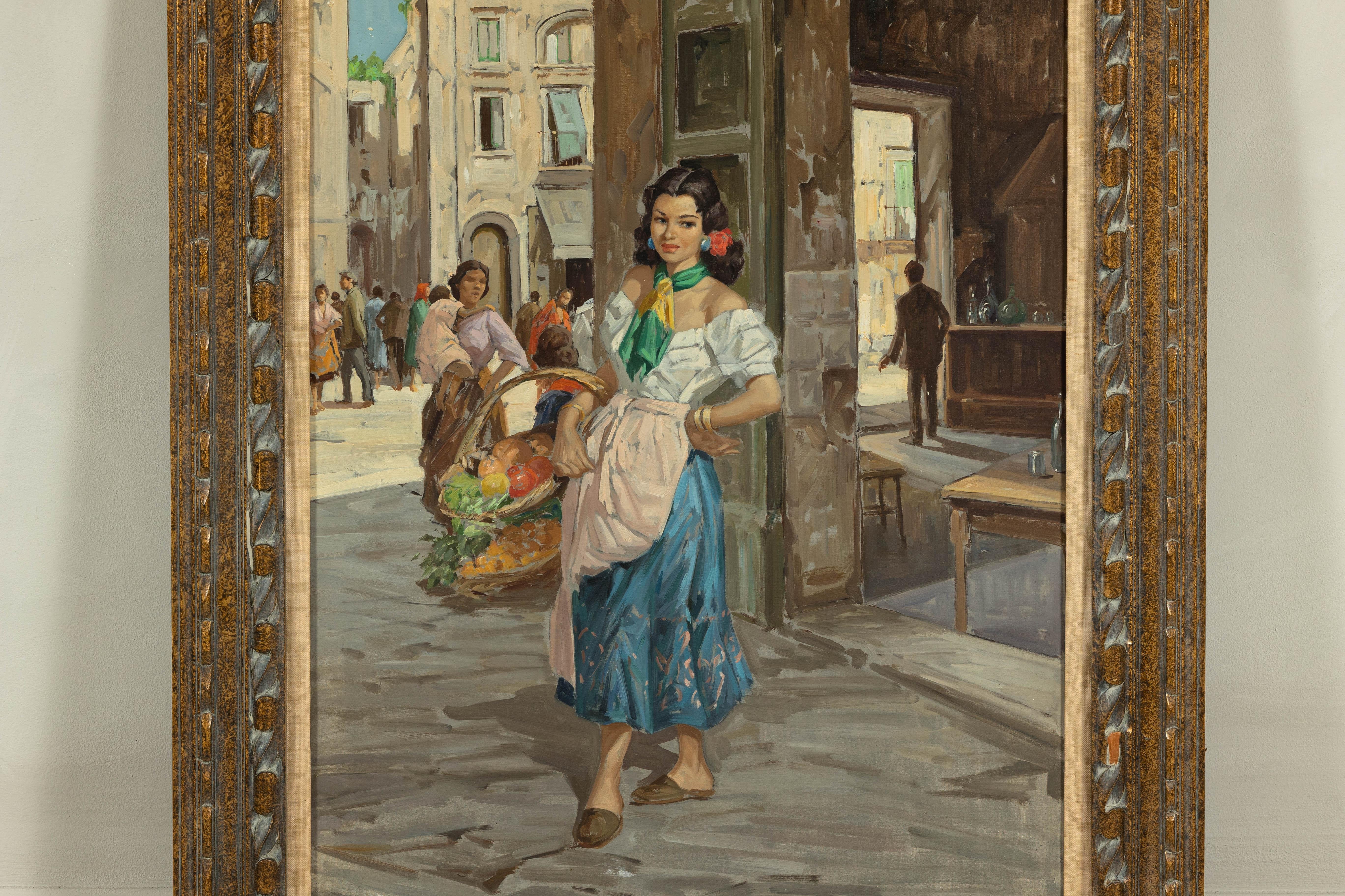 Peinture à l'huile d'une femme italienne dans une scène de marché signée G. Graziani Bon état - En vente à Yonkers, NY