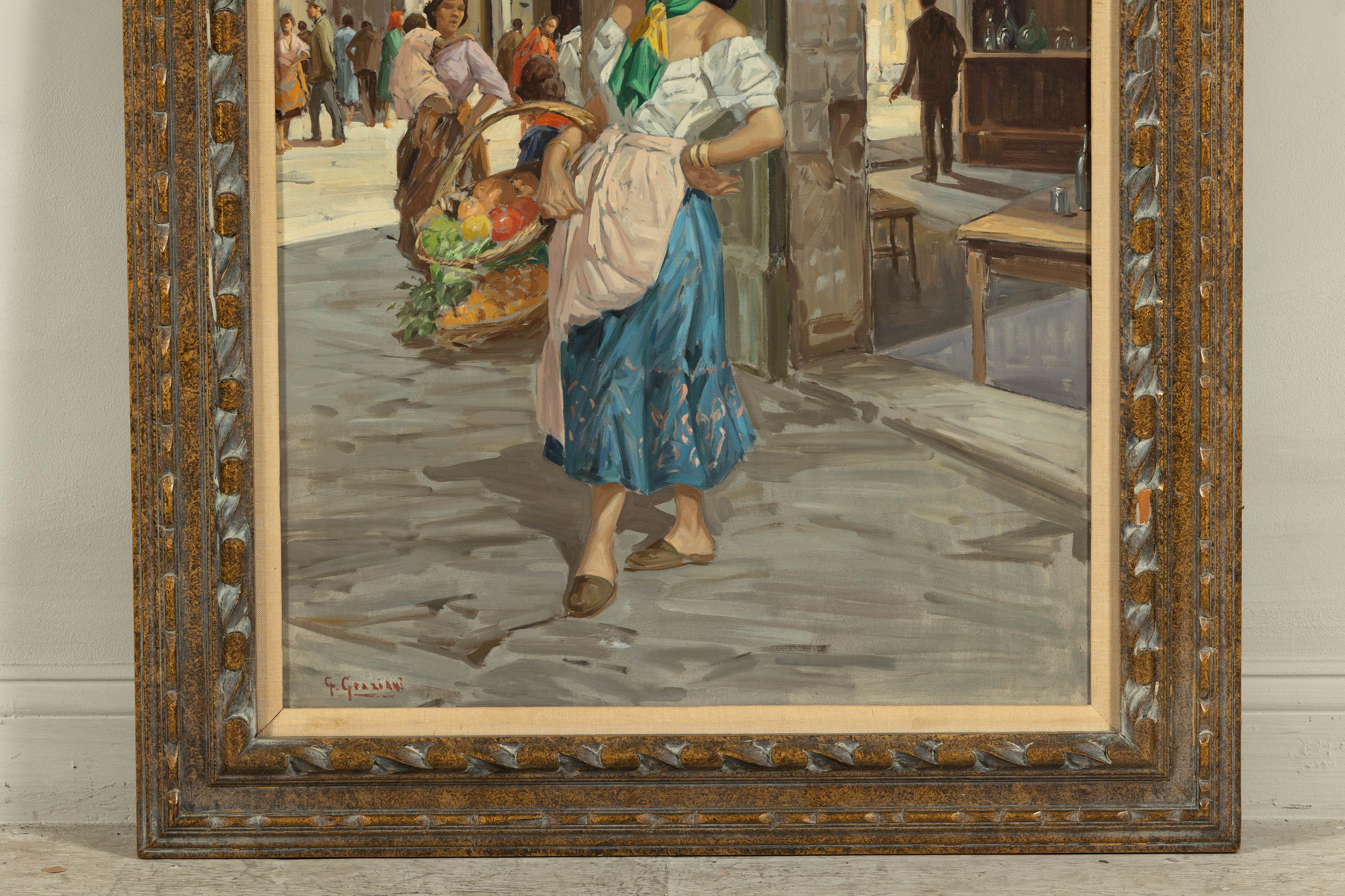 20ième siècle Peinture à l'huile d'une femme italienne dans une scène de marché signée G. Graziani en vente