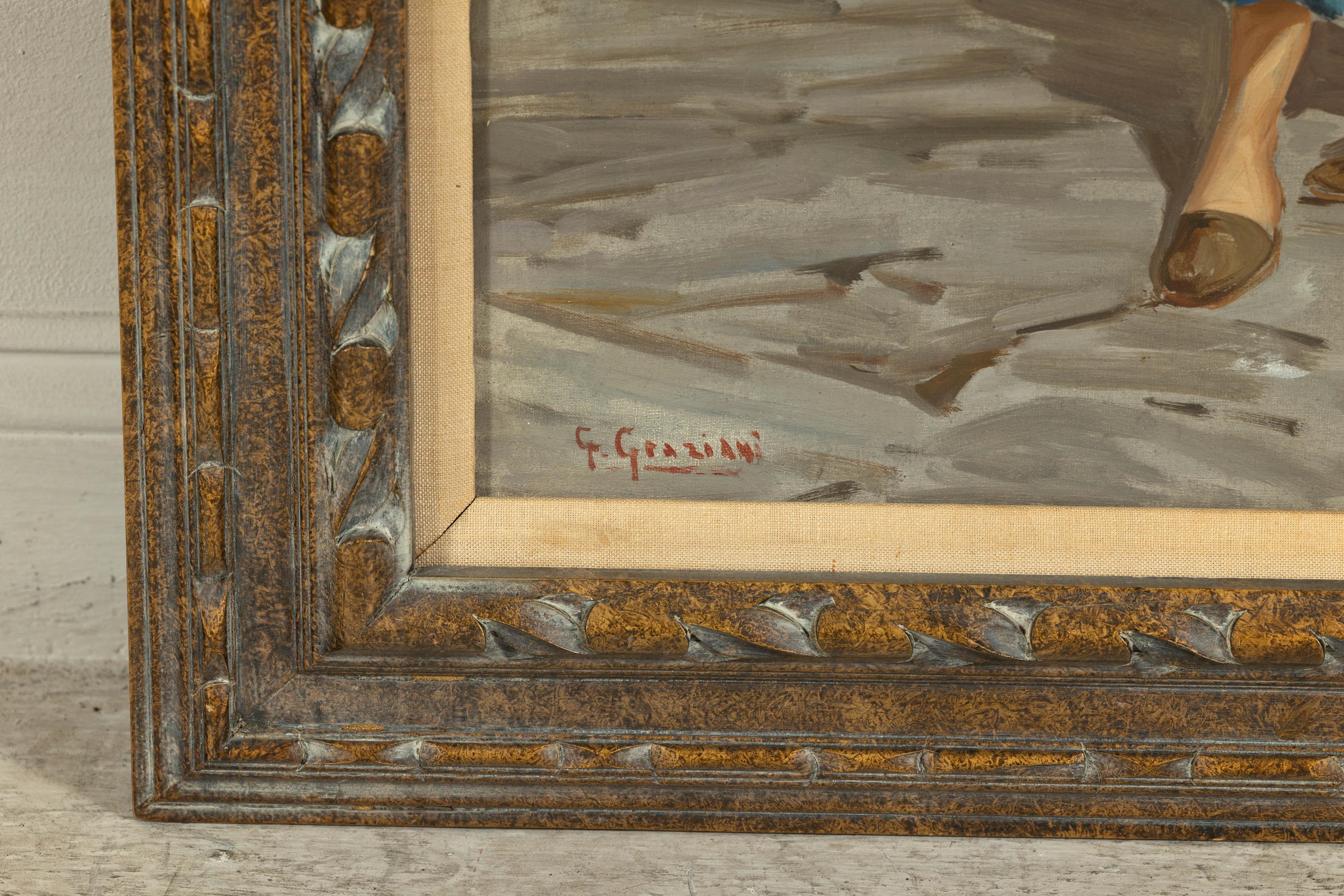 Toile Peinture à l'huile d'une femme italienne dans une scène de marché signée G. Graziani en vente