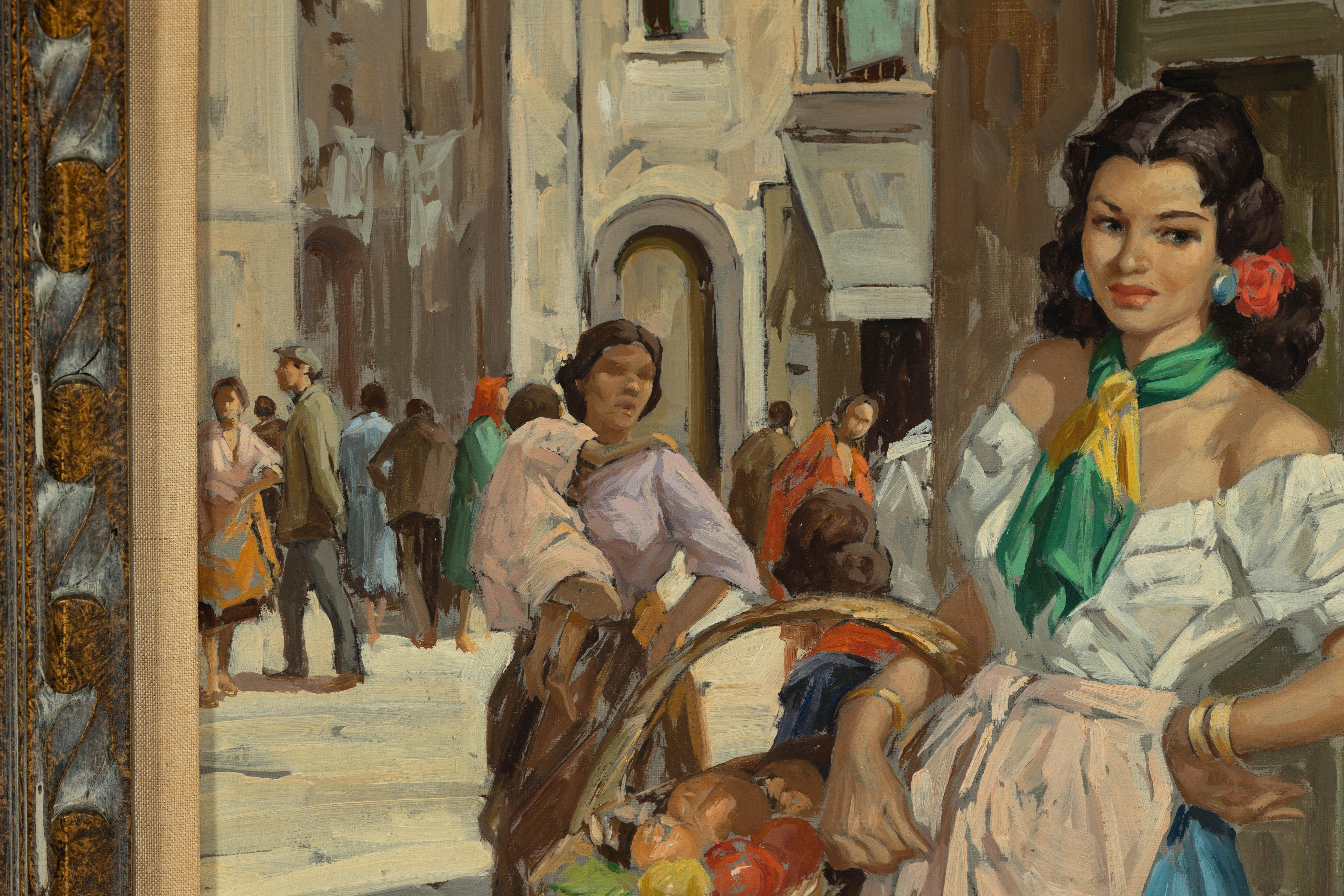 Peinture à l'huile d'une femme italienne dans une scène de marché signée G. Graziani en vente 3