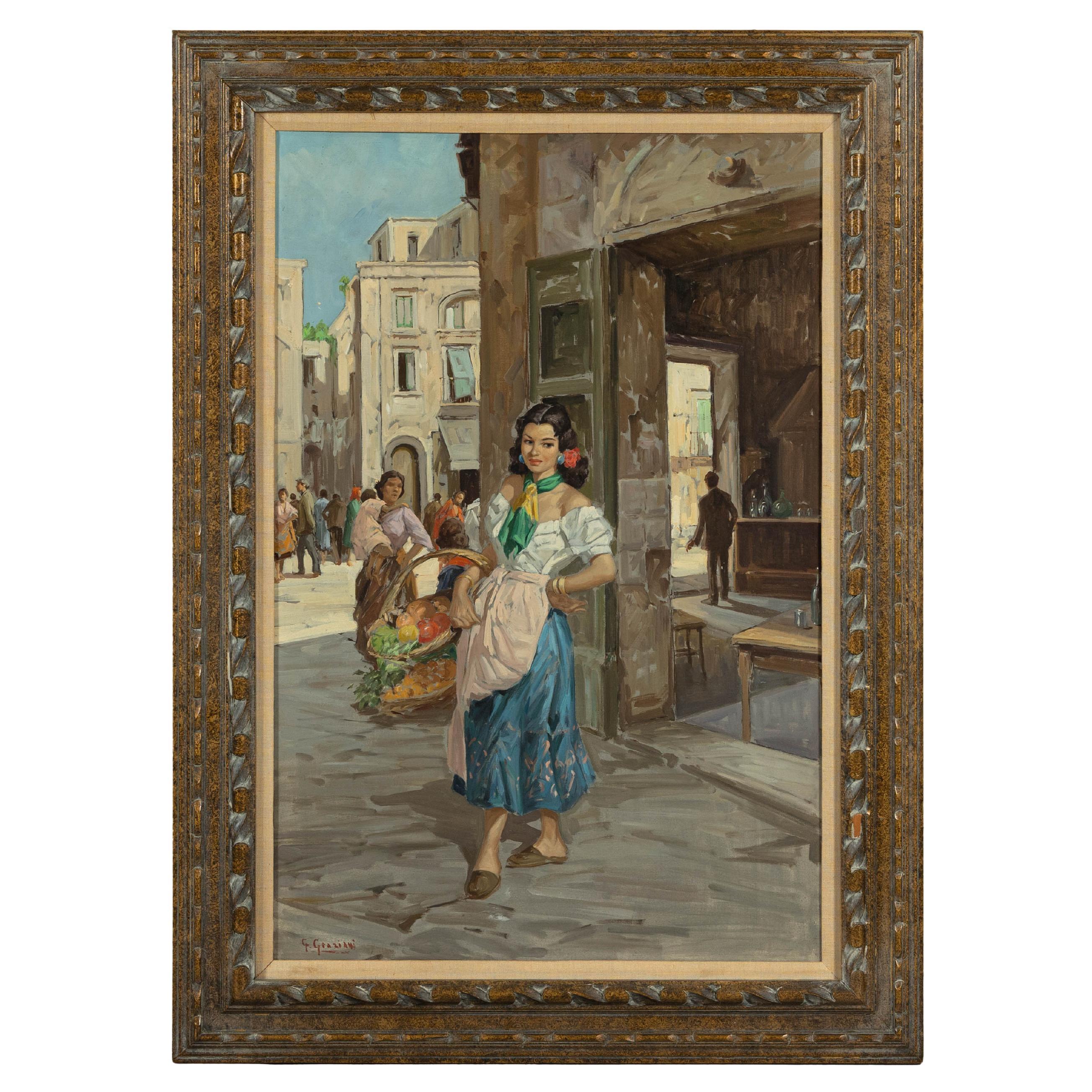 Peinture à l'huile d'une femme italienne dans une scène de marché signée G. Graziani