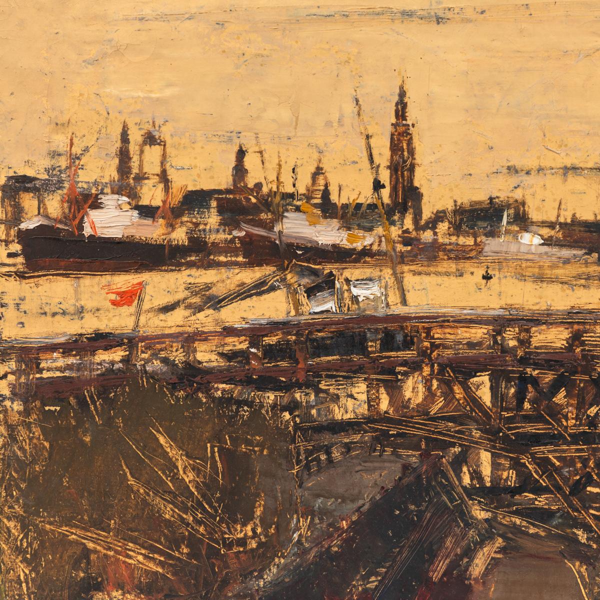Late 19th-century Belgian oil painting of an industrial Antwerp port mounted in a thin wooden frame. An abstracted tangle of smoky, charcoal browns and creamy ochres, the scene is moody yet energetic.

Belgium, circa 1900

Dimensions: 25W x 2D x 21H