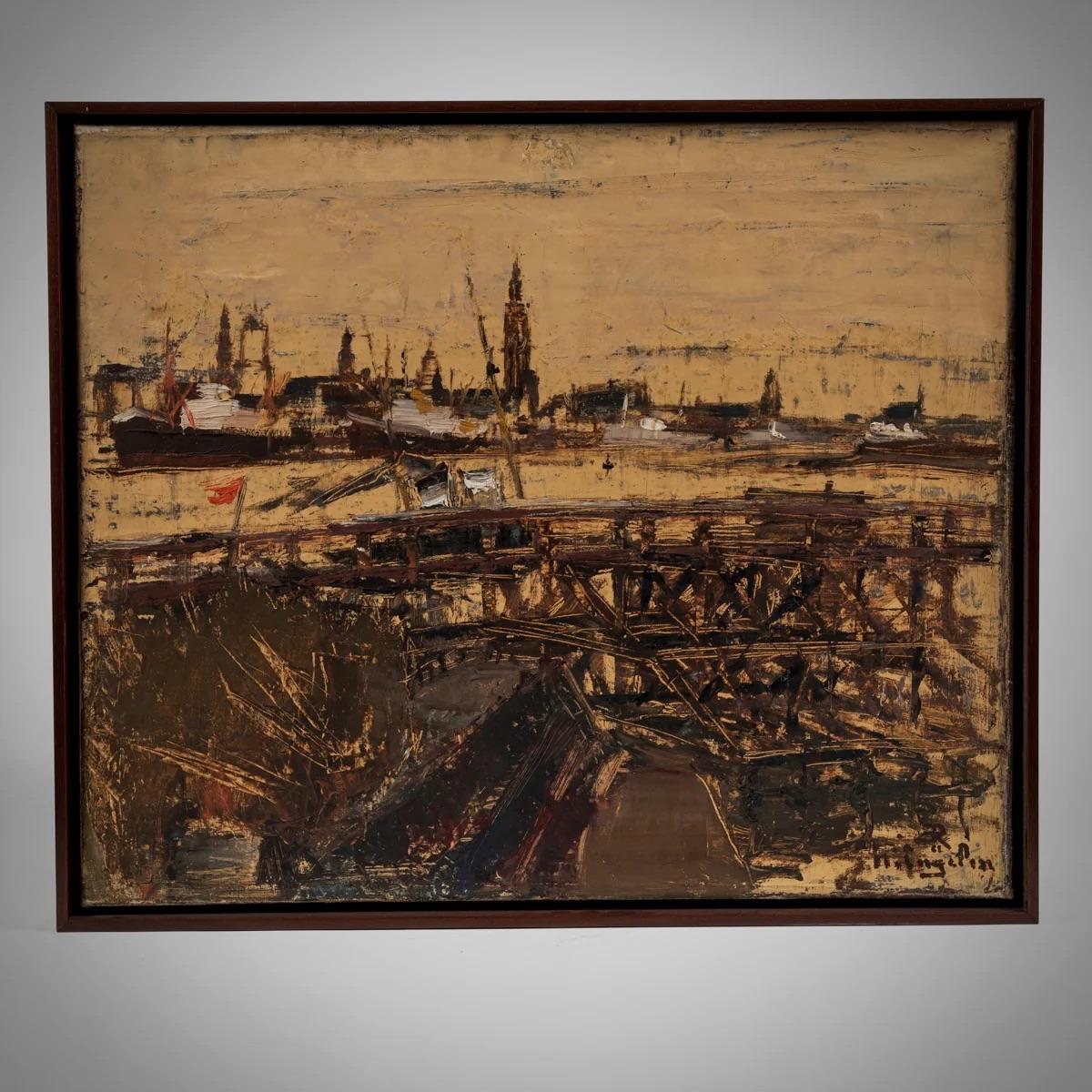 This evocative late Belgian oil painting captures the industrious spirit of an Antwerp port, framed beautifully within a slender wooden boundary. The canvas is a masterful display of abstracted forms and textures, with layers of smoky charcoals and