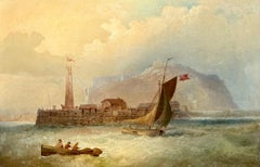 Oil Painting of Boats Off the British Cost in Lively Seas