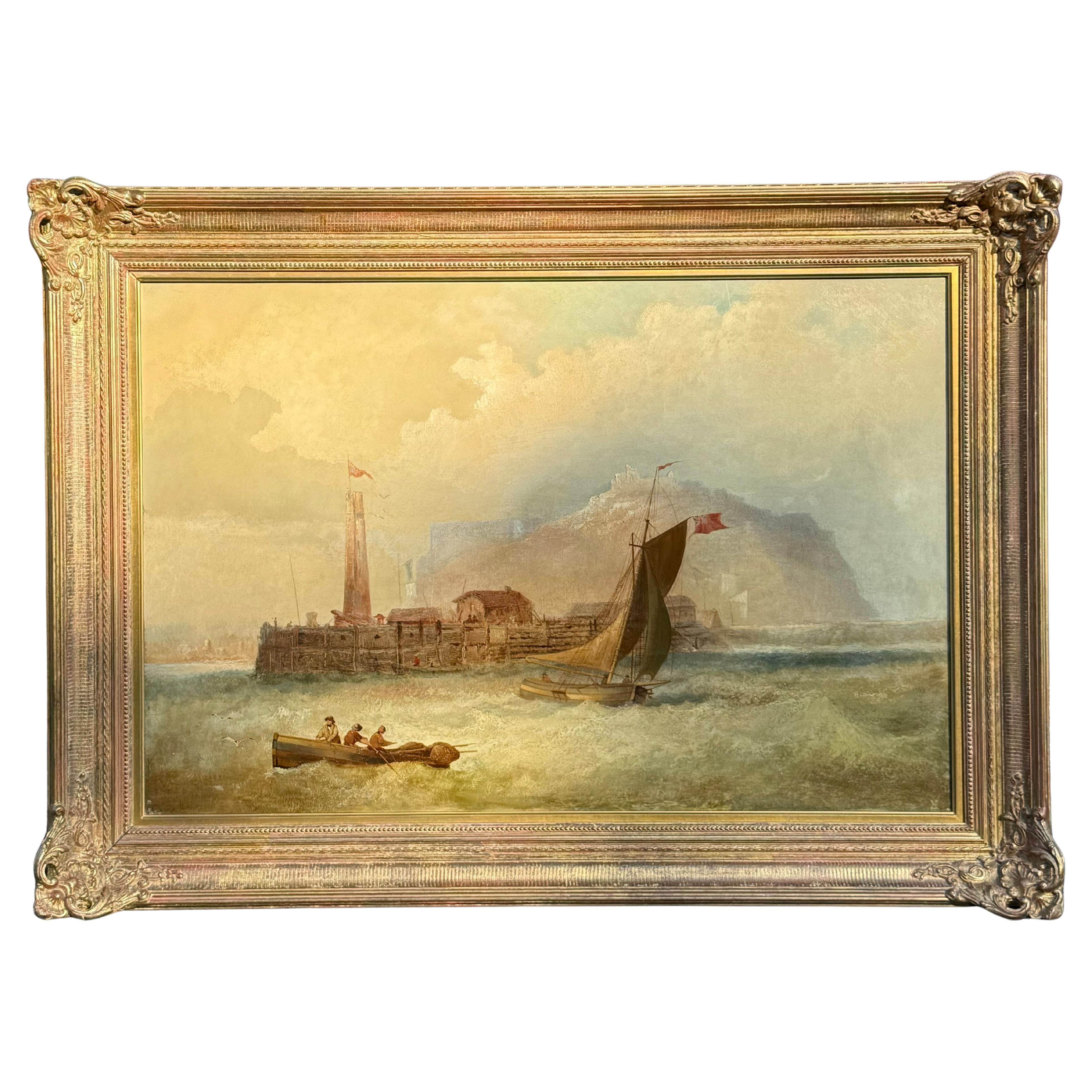 Pittura a olio di barche al largo della costa britannica in un mare vivace