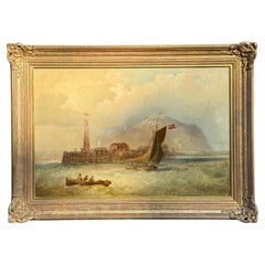 Pittura a olio di barche al largo della costa britannica in un mare vivace