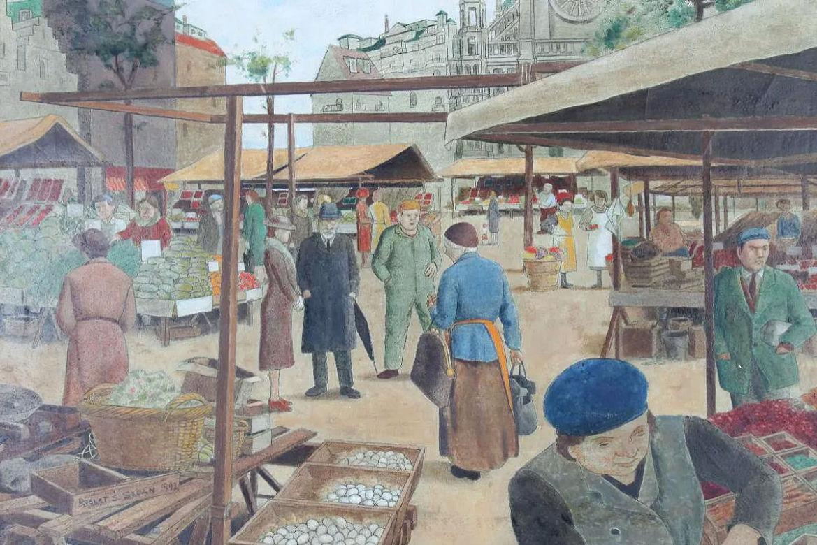 Our client's charming painting by Robert Sloan (1915-2013) depicts a market scene in Brussels, Belgium in 1942.

Signed in lower left Robert S Sloan 1942 and on reverse, Market Scene Brussels, Outside St. Catherine in 1938 and RSS