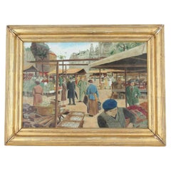 Antique Oil Painting of Brussels Market in 1942 by Robert Sloan '1915-2013'