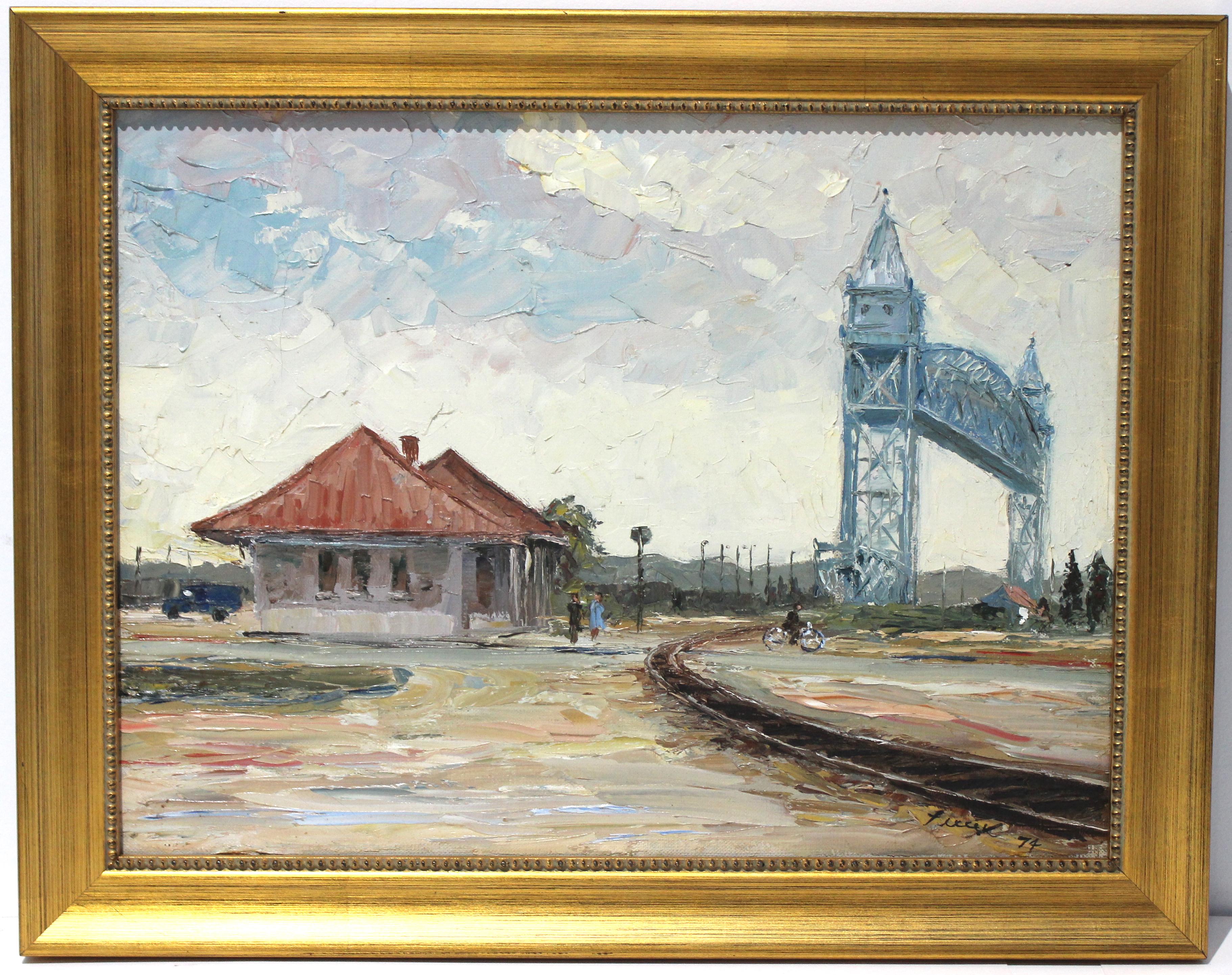 Fine example of plein aire oil painting on linen canvas using the palette knife technique (that is, no brushes were used). Signed and dated 1974 and noted in verso on the stretcher Buzzards Bay Railroad Station Cape Cod Mass 1974

Size framed 18