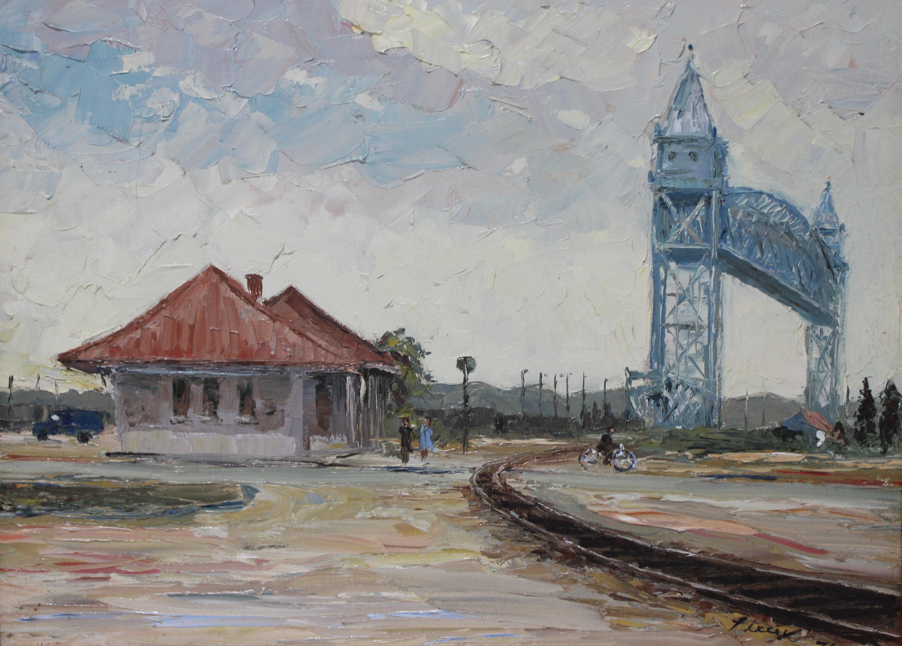 American Classical Oil Painting of Buzzards Bay Railroad Station Cape Cod 1974 For Sale