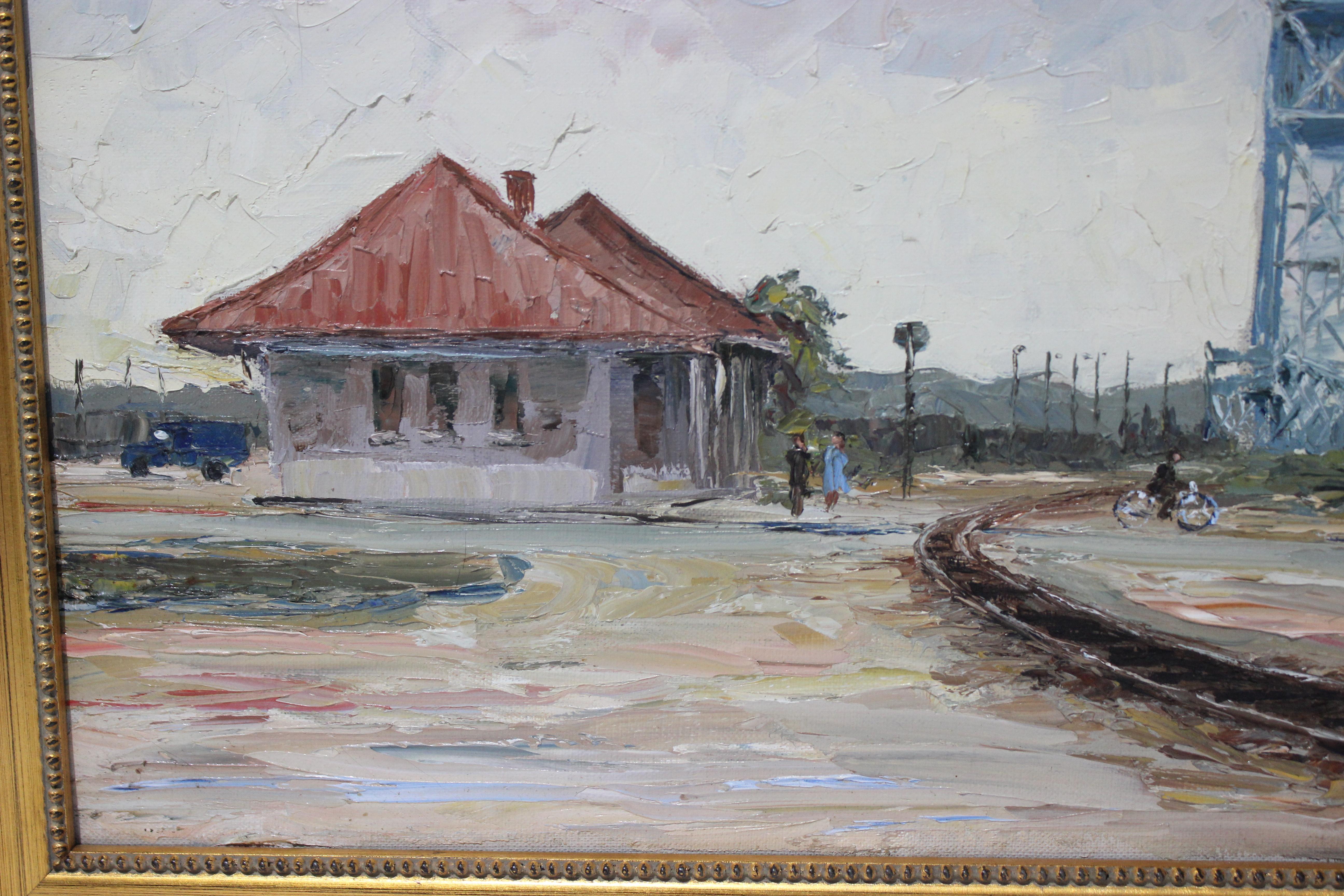 Canvas Oil Painting of Buzzards Bay Railroad Station Cape Cod 1974 For Sale