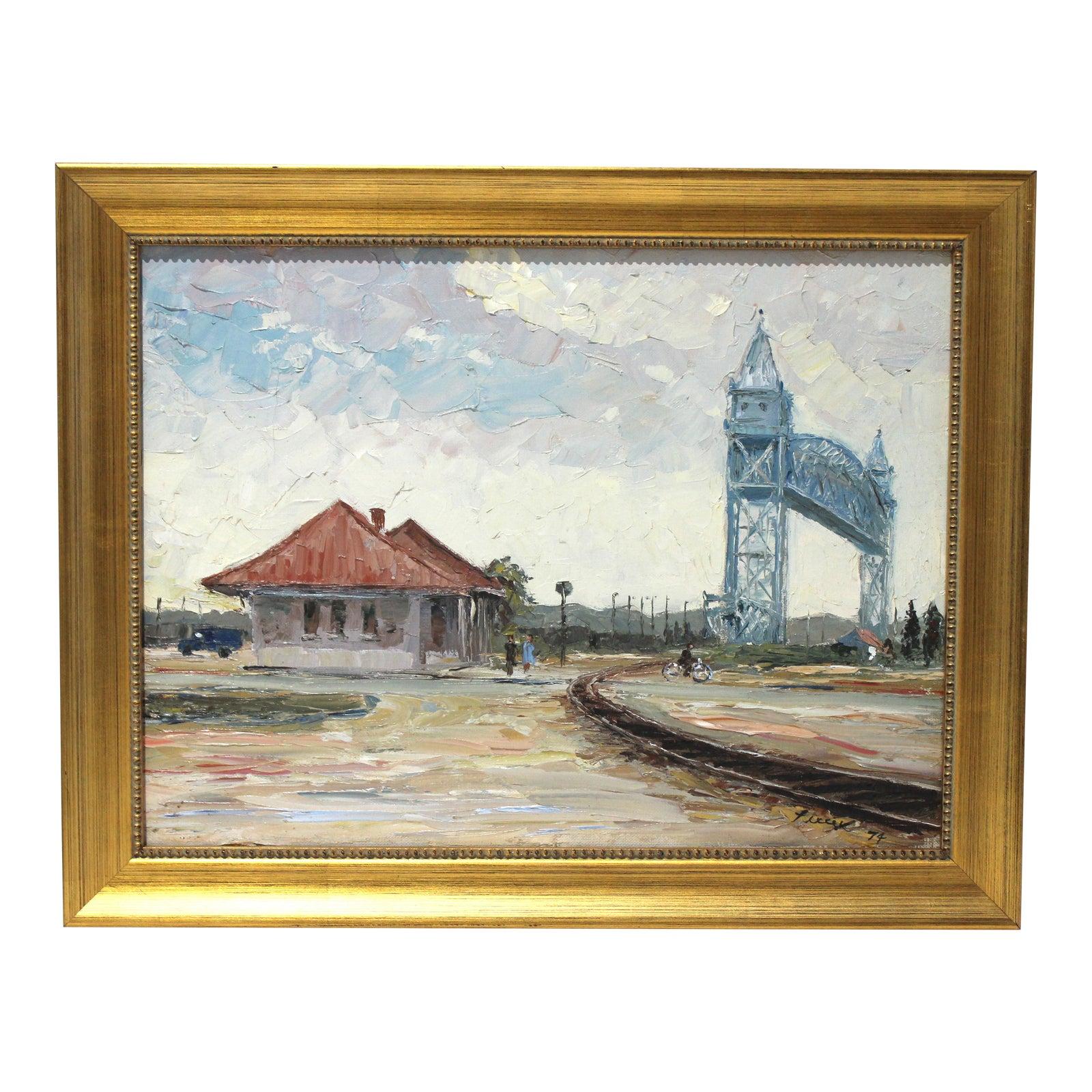 Oil Painting of Buzzards Bay Railroad Station Cape Cod 1974 For Sale