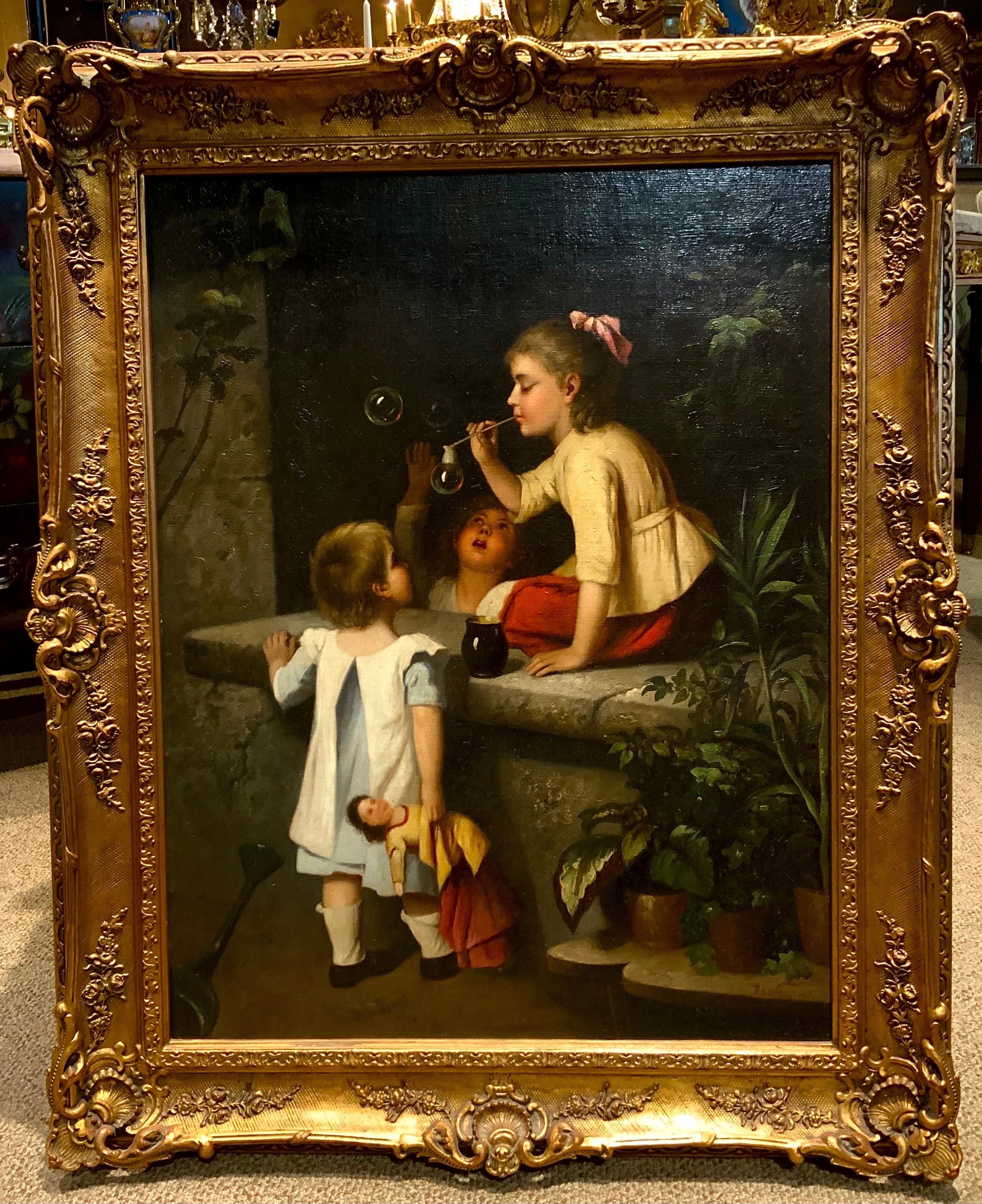 British Oil painting of children, 19 th century by Rg Wagner For Sale