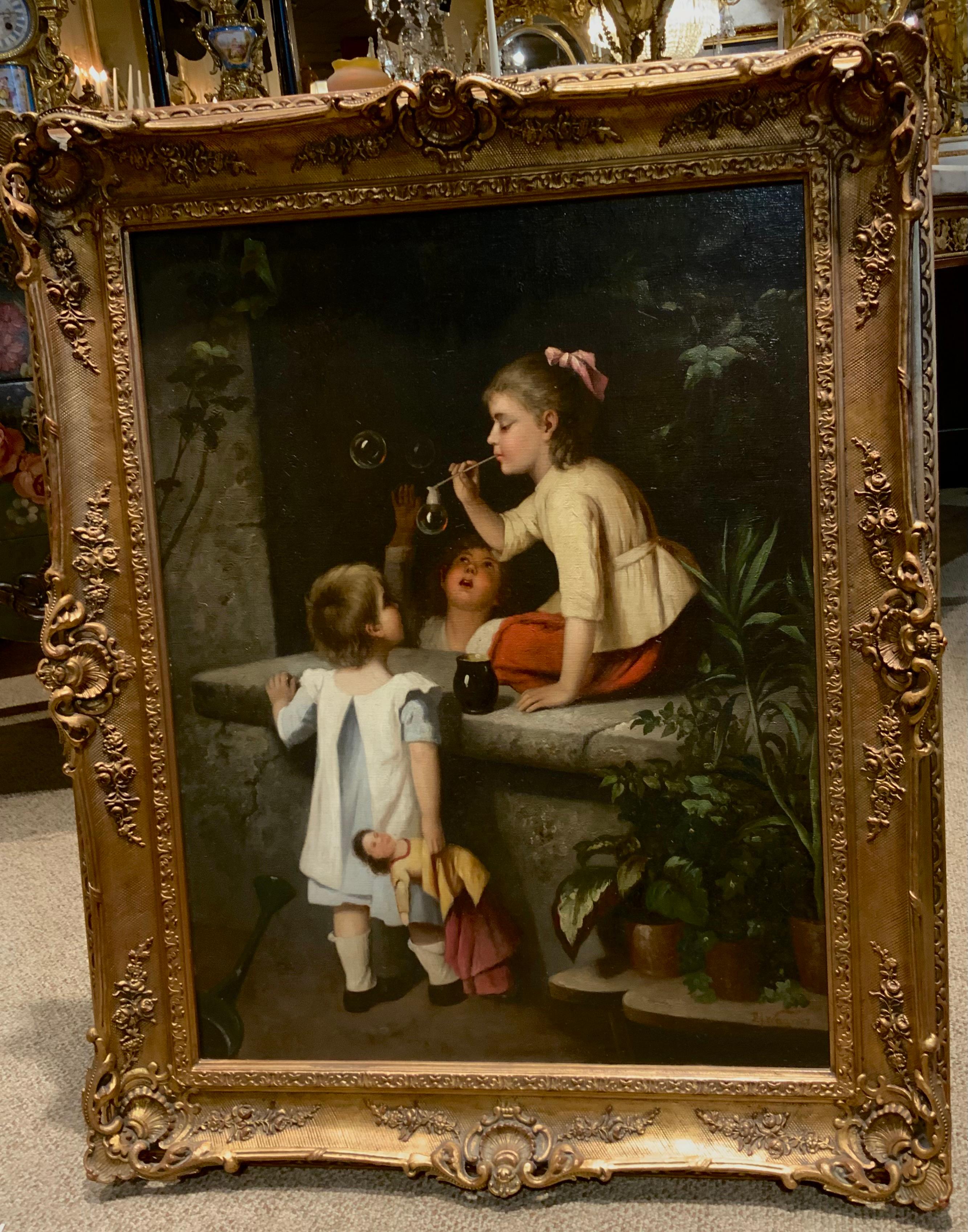 Paint Oil painting of children, 19 th century by Rg Wagner For Sale