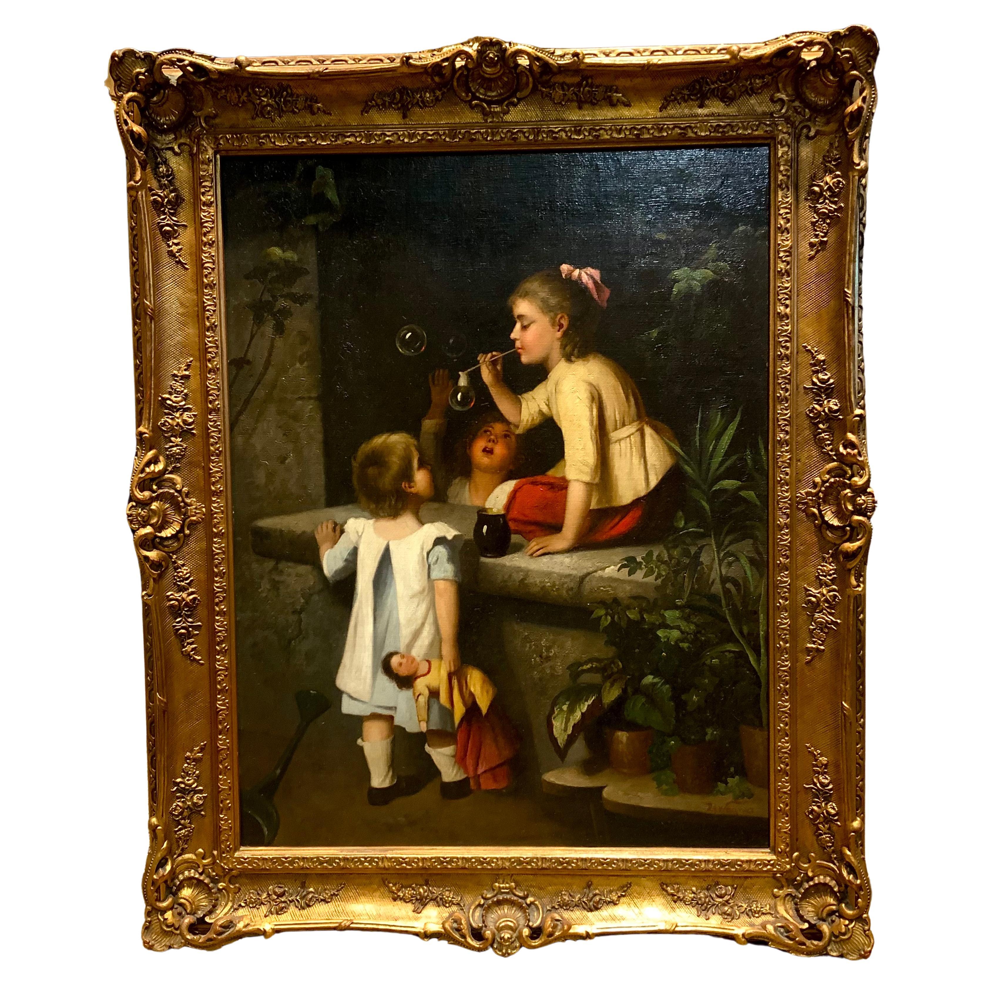 Oil painting of children, 19 th century by Rg Wagner For Sale