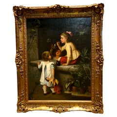 Antique Oil painting of children, 19 th century by Rg Wagner
