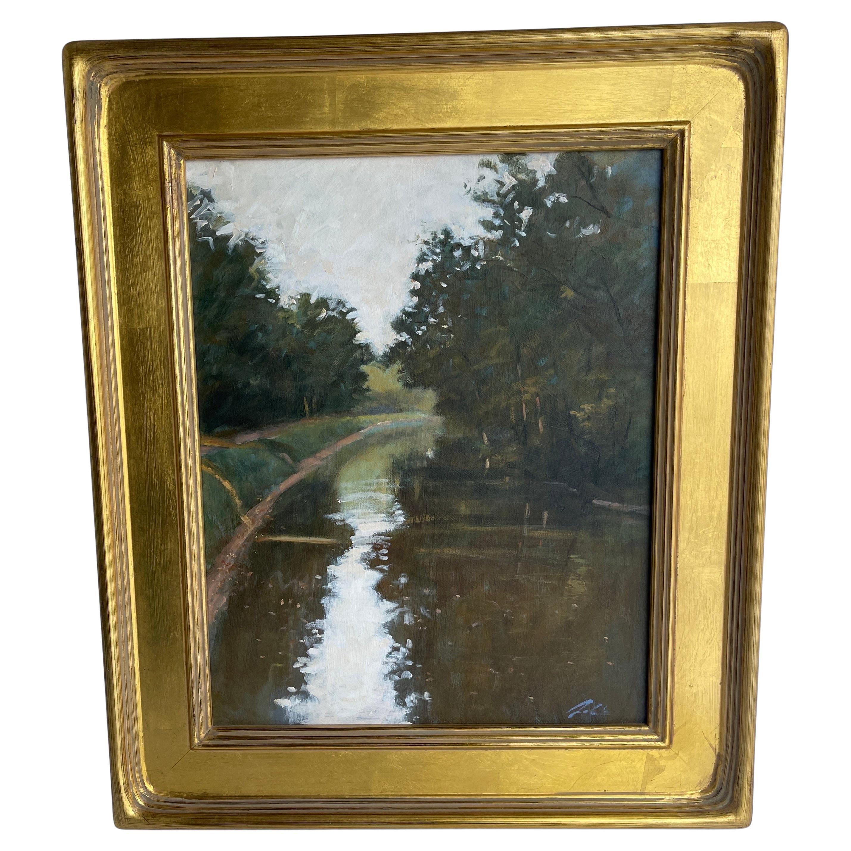 Signed Landscape Oil Painting of Canal in Gold Gilt Frame

Original oil painting titled Warm Shadows depicting a serene canal with calm and restful water. Lush green trees surround this well-known waterway. The Delaware and Raritan Canal (D&R)