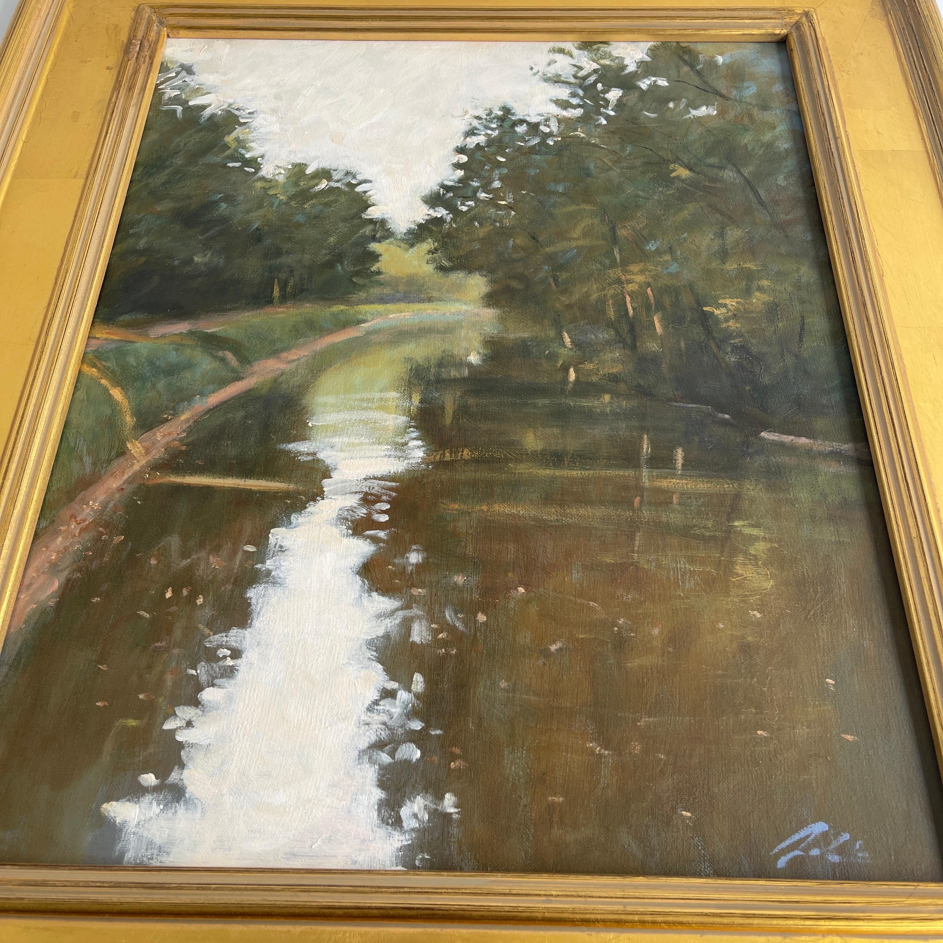 American Classical Oil Painting of Delaware and Raritan Canal Landscape in Gilt Frame