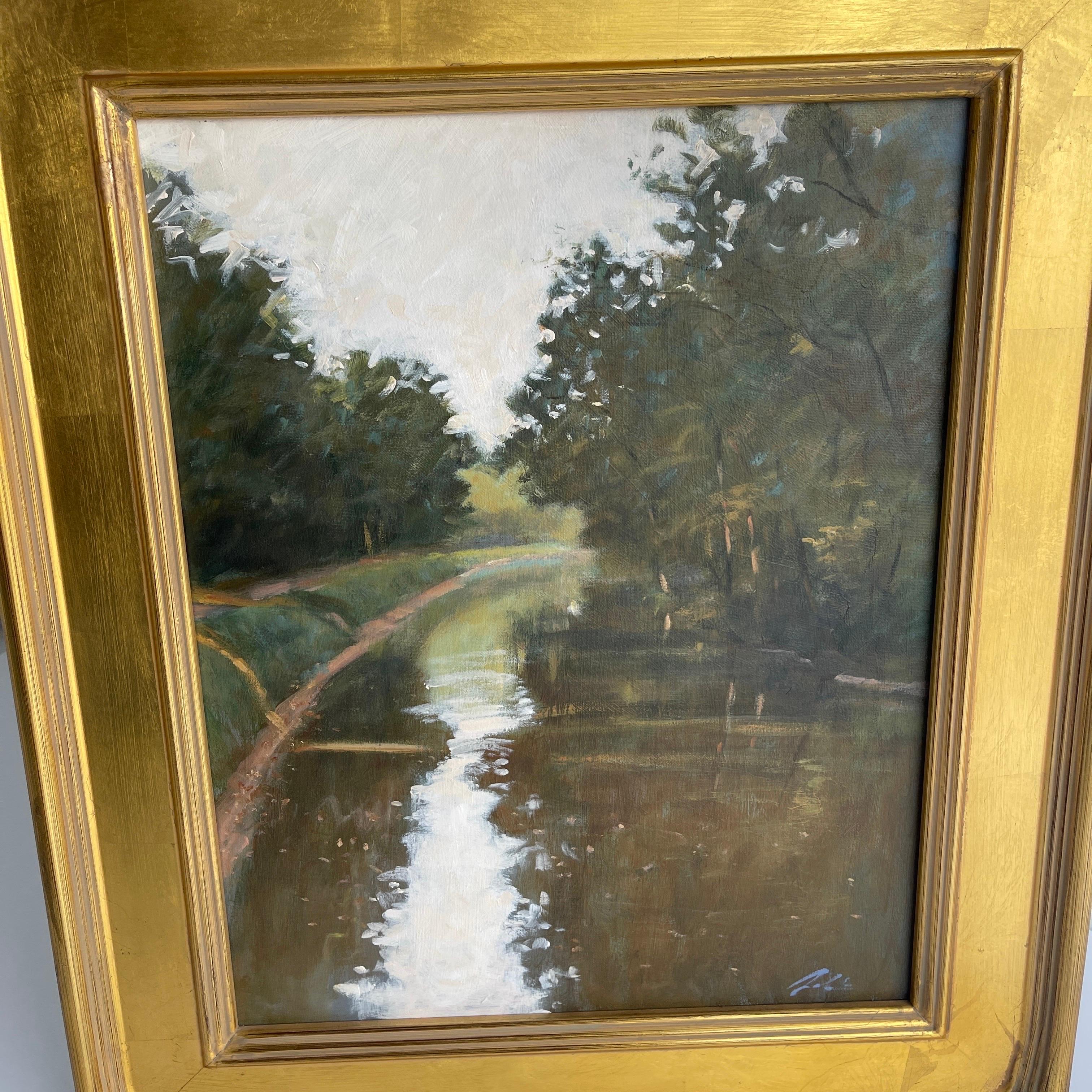 Oil Painting of Delaware and Raritan Canal Landscape in Gilt Frame In Good Condition In Haddonfield, NJ