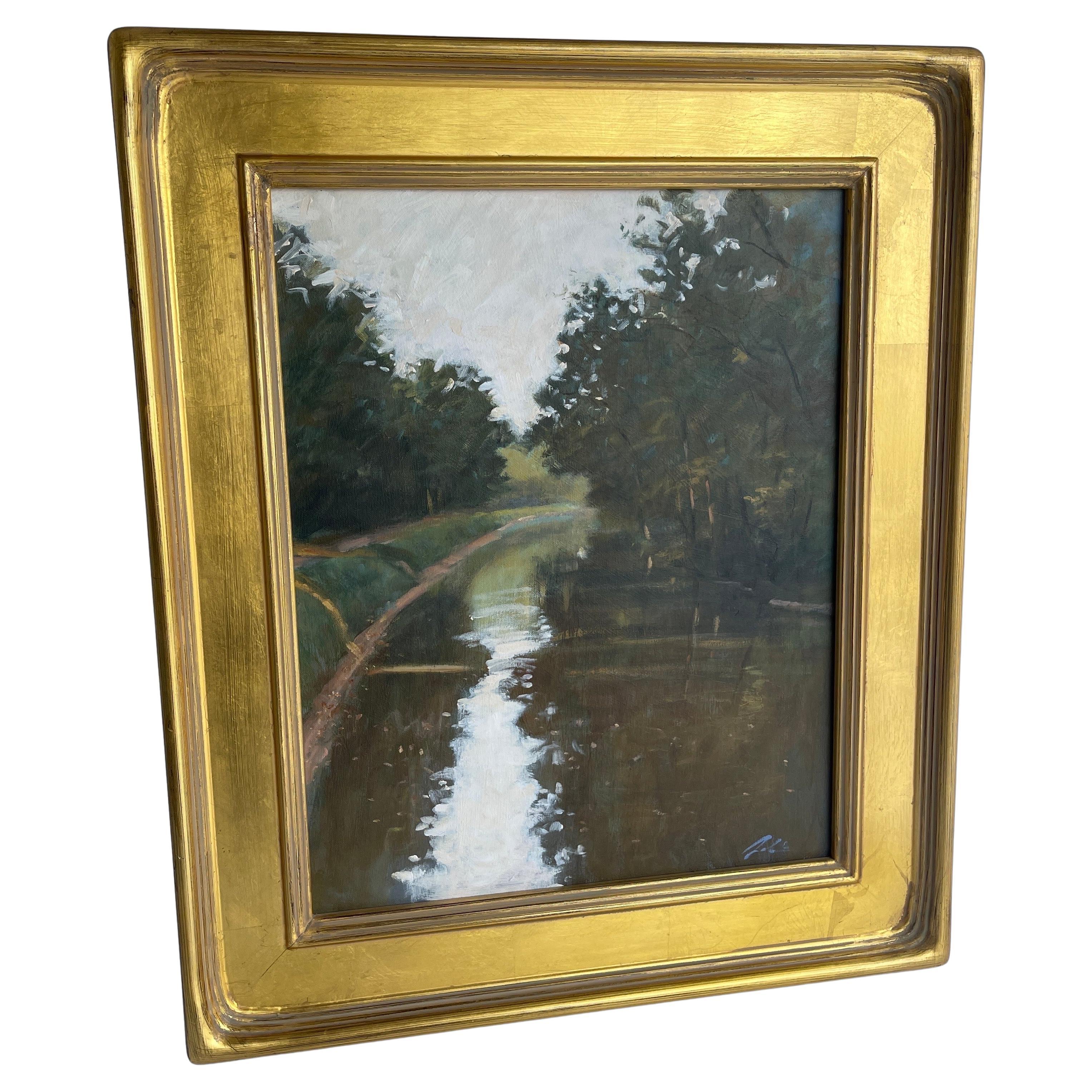 Oil Painting of Delaware and Raritan Canal Landscape in Gilt Frame