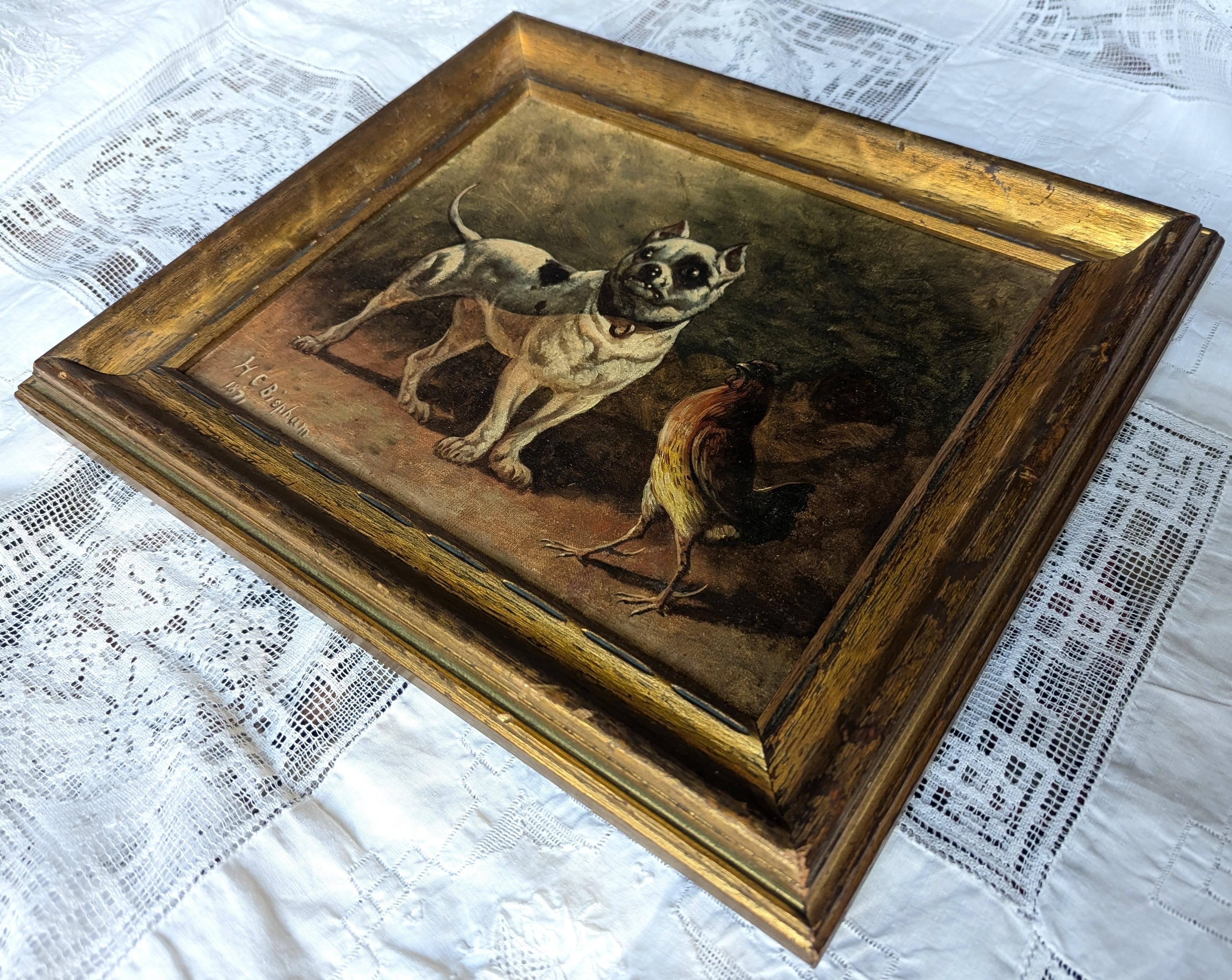 Stunning antique oil painting by renowned American artist Henry Collins Bispham, featuring a dog and a rooster. Signed on the bottom 