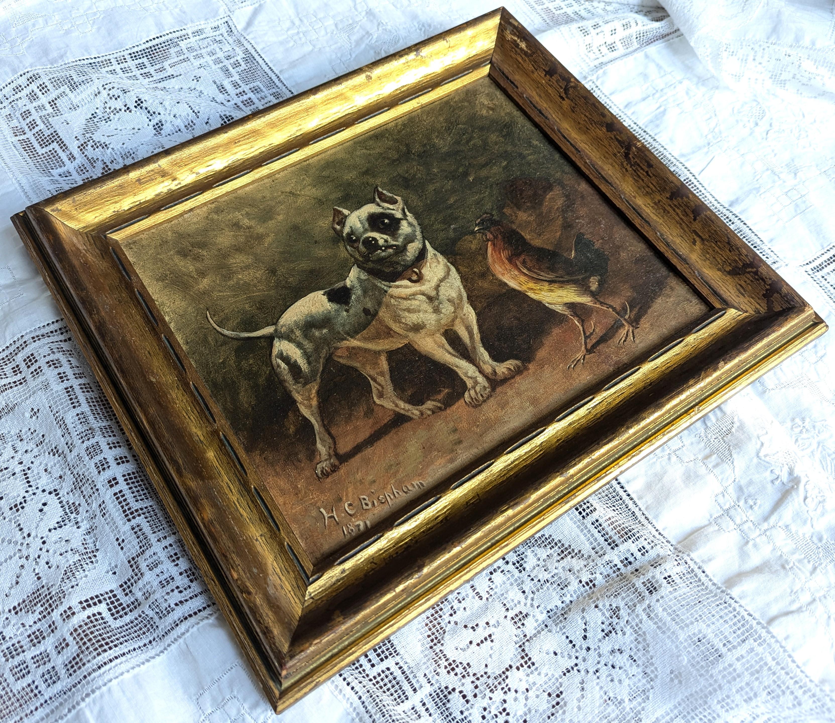 American Oil Painting of Dog and Rooster by H.C. Bispham Henry Collins Bispham 1871 For Sale