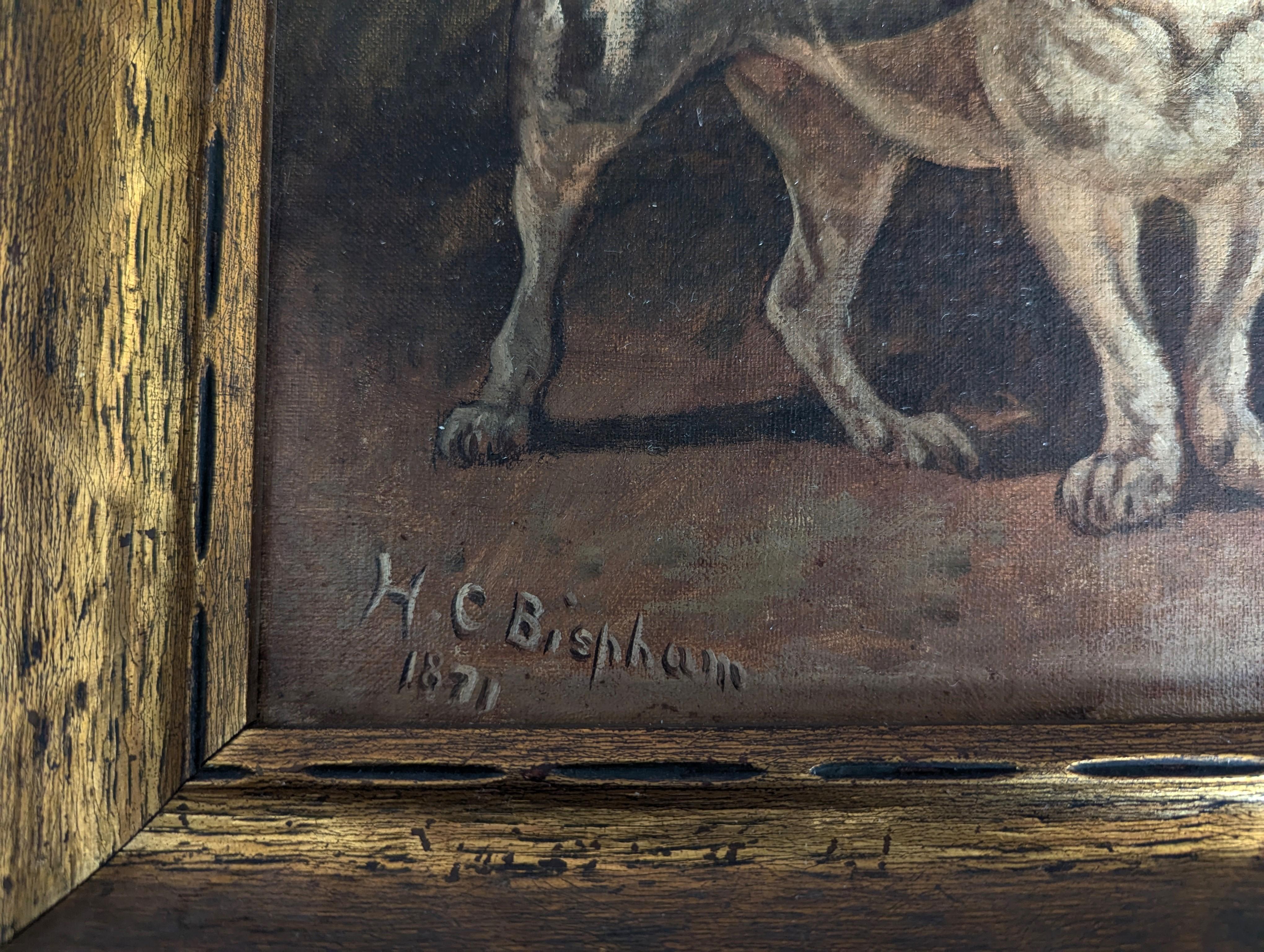 Oiled Oil Painting of Dog and Rooster by H.C. Bispham Henry Collins Bispham 1871 For Sale