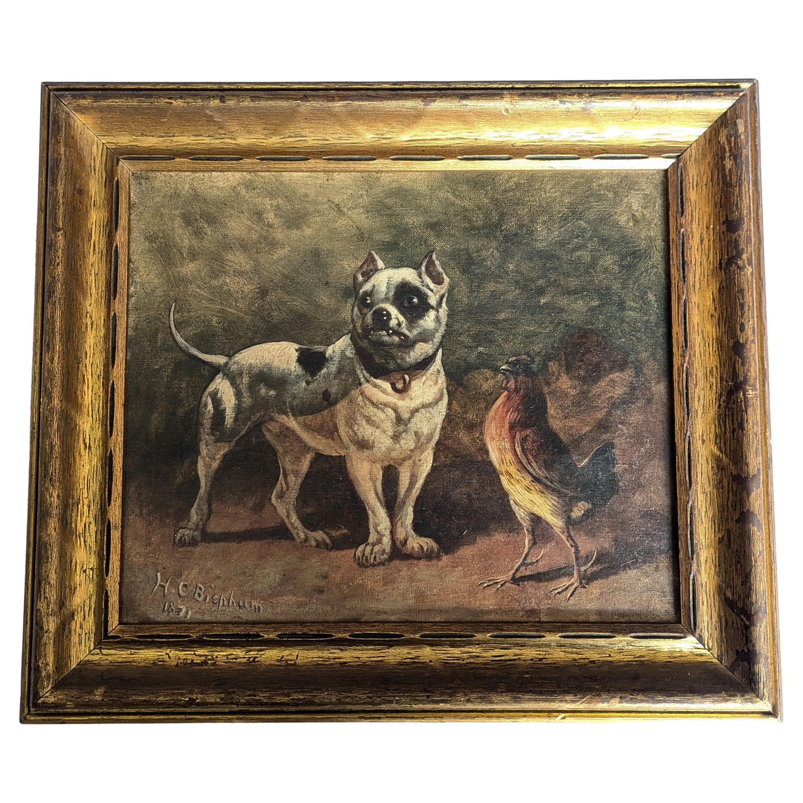 Oil Painting of Dog and Rooster by H.C. Bispham Henry Collins Bispham 1871 For Sale