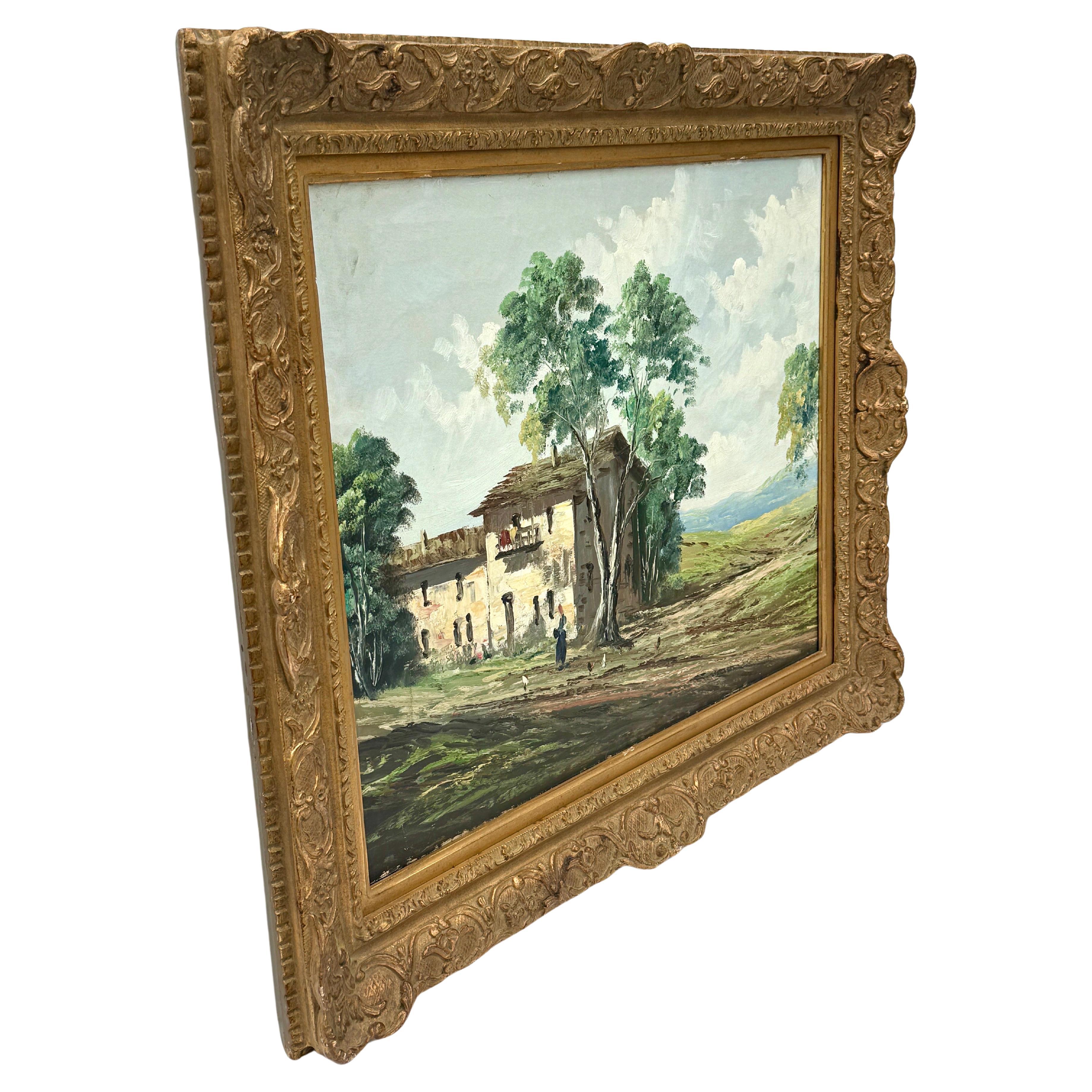 Austrian Framed Oil on Canvas Painting of European Countryside, circa 1950's.   

A very charming lifelike rendering of a Countryside typical in any European city. This 20th Century oil painting features a house, vibrant trees and woman tending to