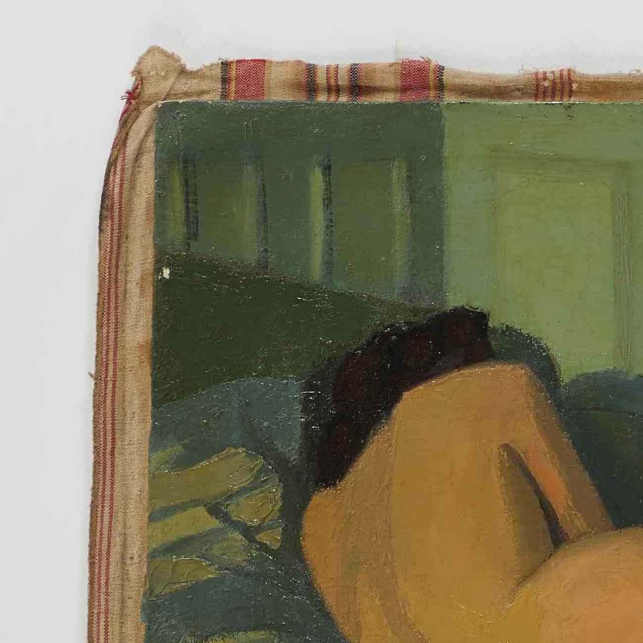 French Oil Painting of Female Nude Lying on Sofa by Artist B. Buchet