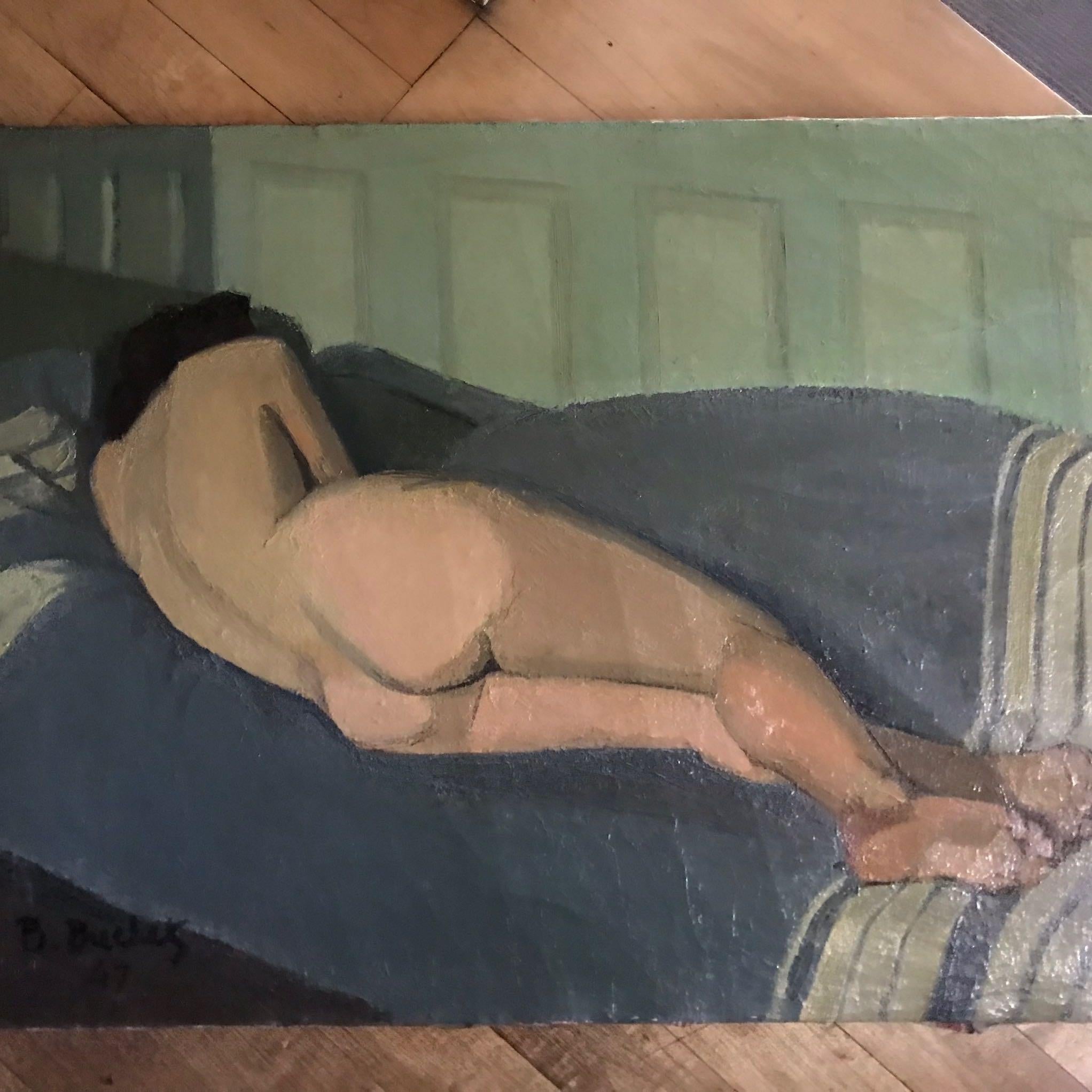 Oil Painting of Female Nude Lying on Sofa by Artist B. Buchet 1