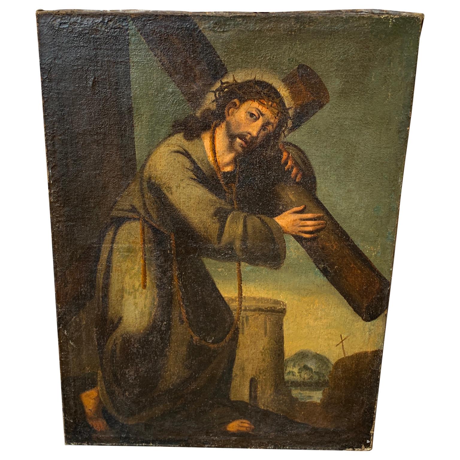 Pintura religiosa al óleo sobre lienzo de Jesucristo llevando la cruz camino de su crucifixión. Esta obra de arte europea es probablemente del siglo XVII-XVIII. Esta pieza de arte se descubrió en una pequeña subasta del norte de Suecia, y