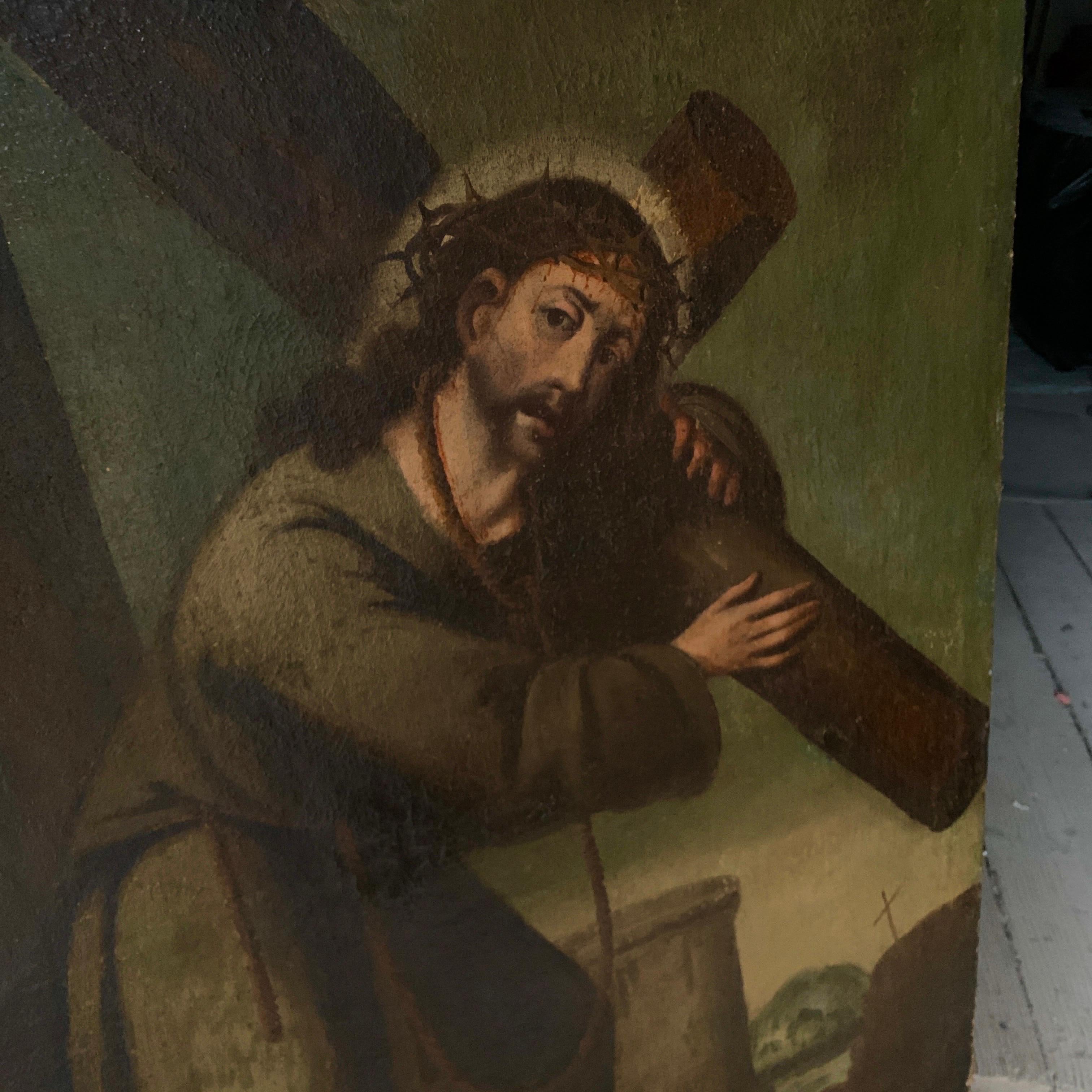 Pintura al óleo de Jesucristo llevando la cruz, Italia Principios del siglo XVIII en Bueno estado para la venta en Haddonfield, NJ