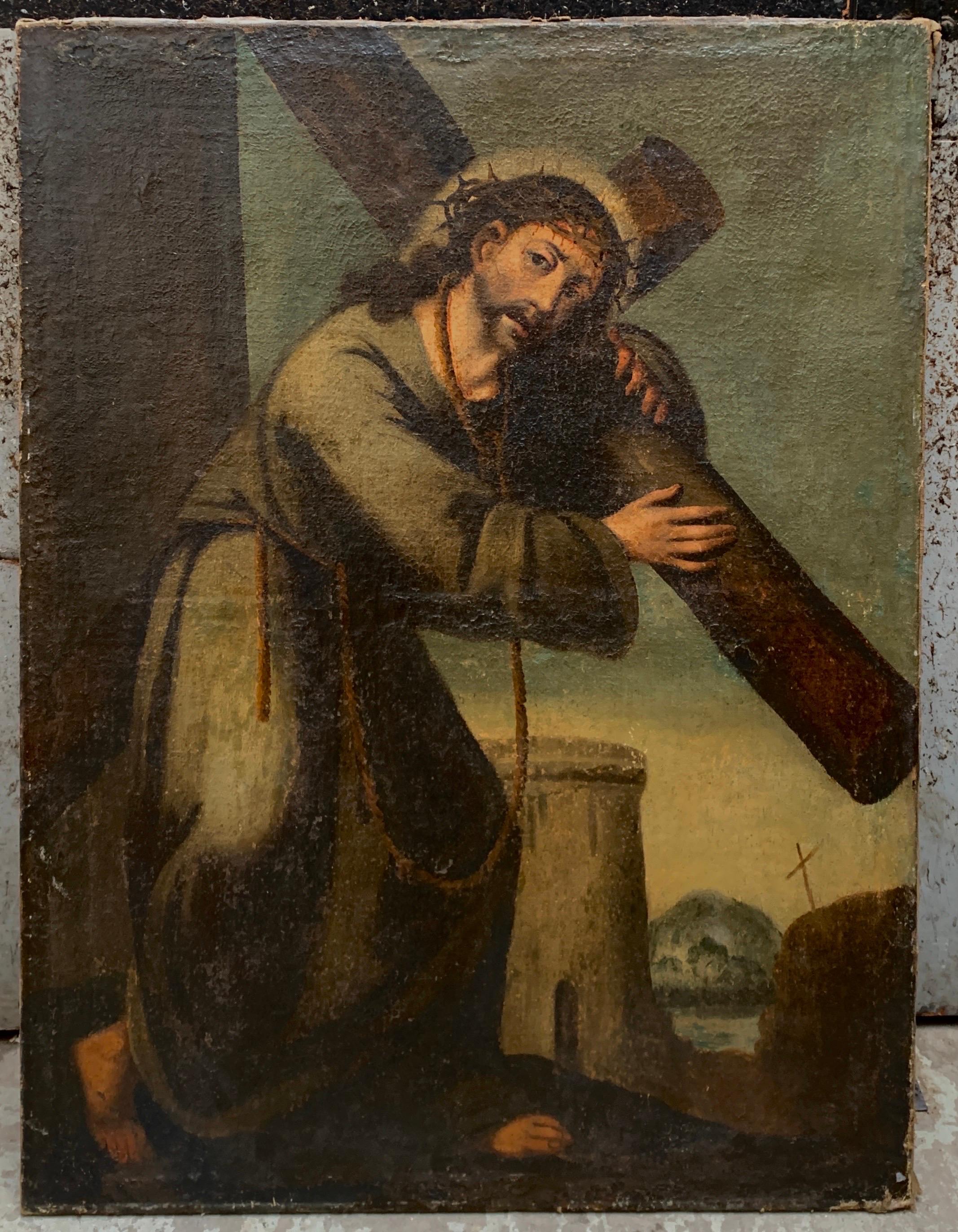 Pintura al óleo de Jesucristo llevando la cruz, Italia Principios del siglo XVIII en venta 2