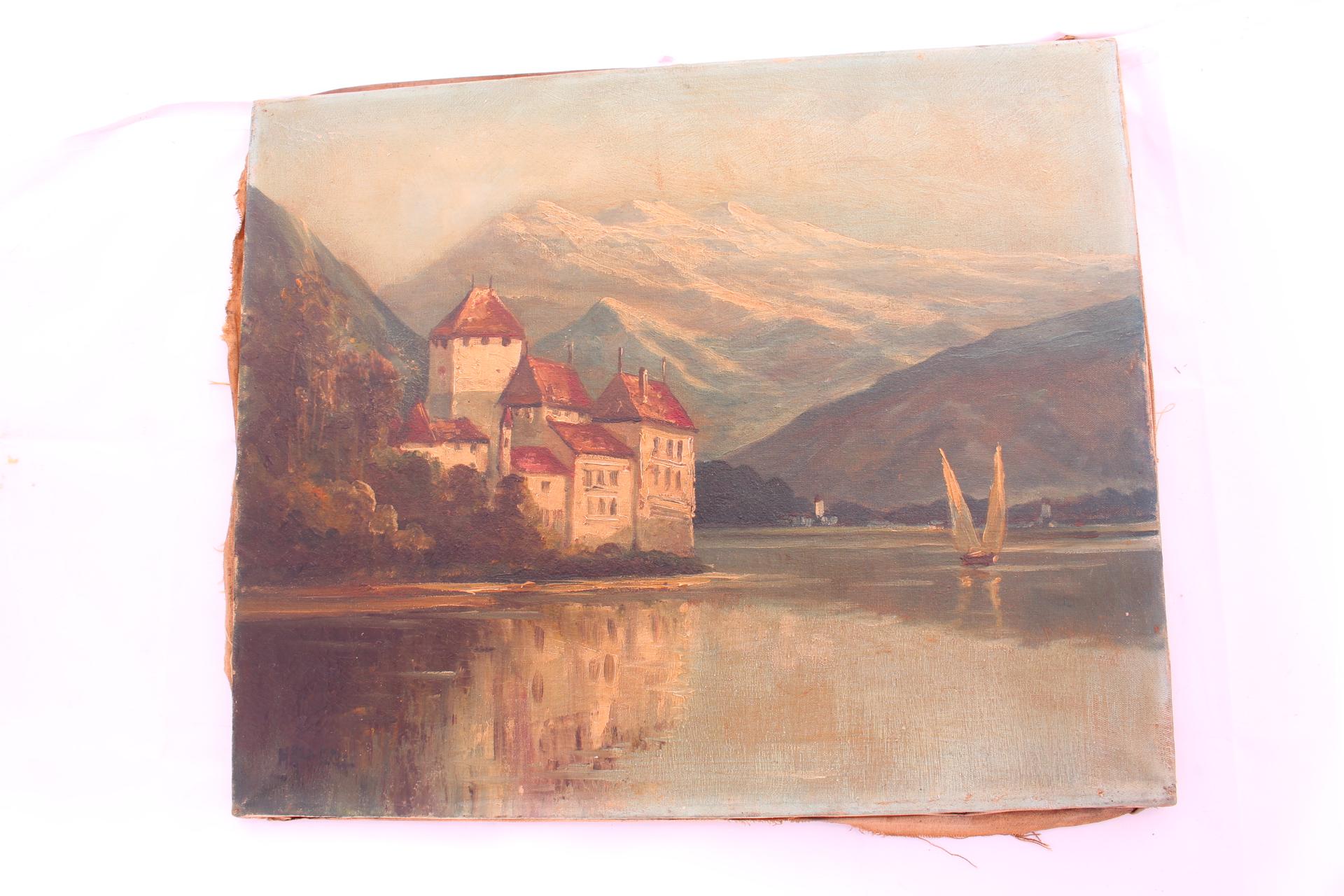 19th century oil painting of Lake Geneva
Oil on canvas
Indistinctly signed
A couple of old repairs to the canvas please see photos.
 