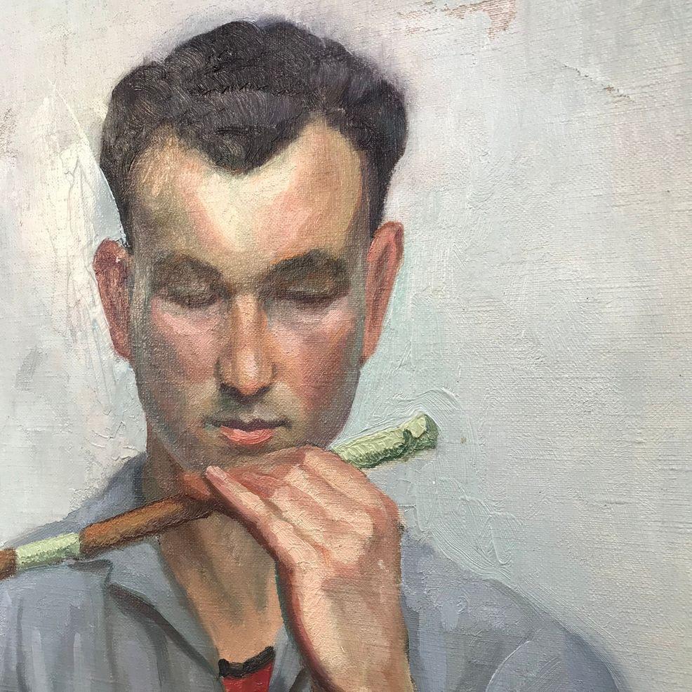 Oil on canvas painting of a man with opium pipe. A tender sense of empathy and abjection give this finely rendered portrait its gritty emotional tenor. 