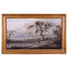 Antique Shooting Oil Painting, Man with a Flintlock Gun, circa 1800