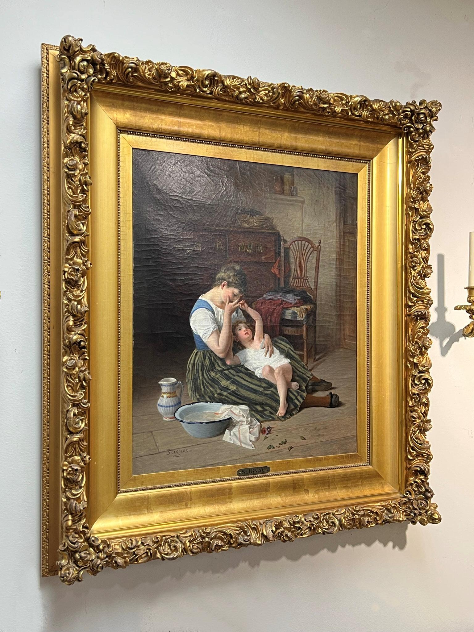 This lovely scene of a mother and child by Paul Seignac (1826-1904) is painted on canvas stretcher measuring 21 1/4 by 25 1/2 inches and mounted in a period giltwood frame measuring 34 1/2 by 38 1/2 inches. Signed in lower left. Rear has the