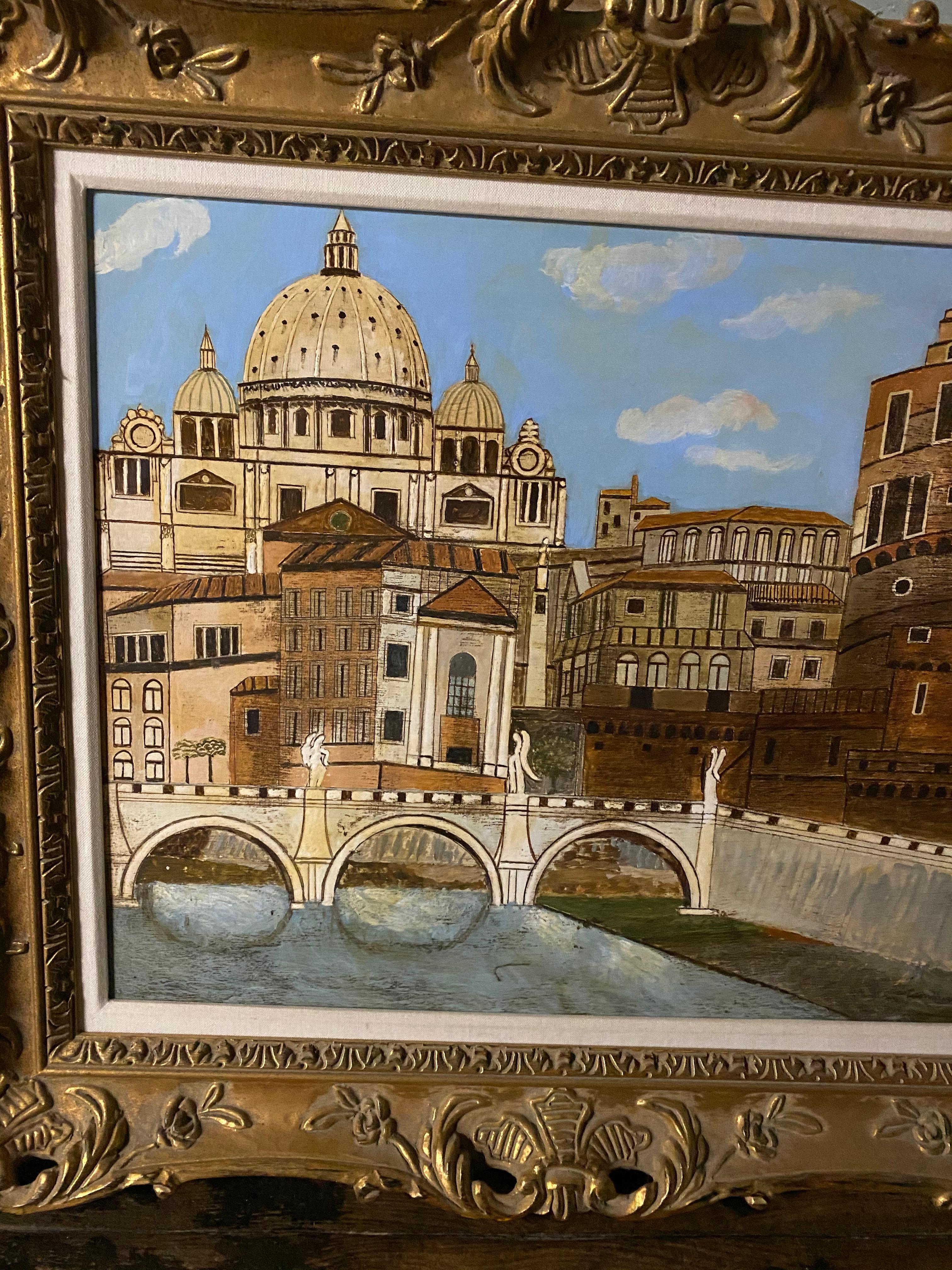 Pintura al óleo del Ponte Saint Angelo, Firmada en Bueno estado para la venta en Sheffield, MA