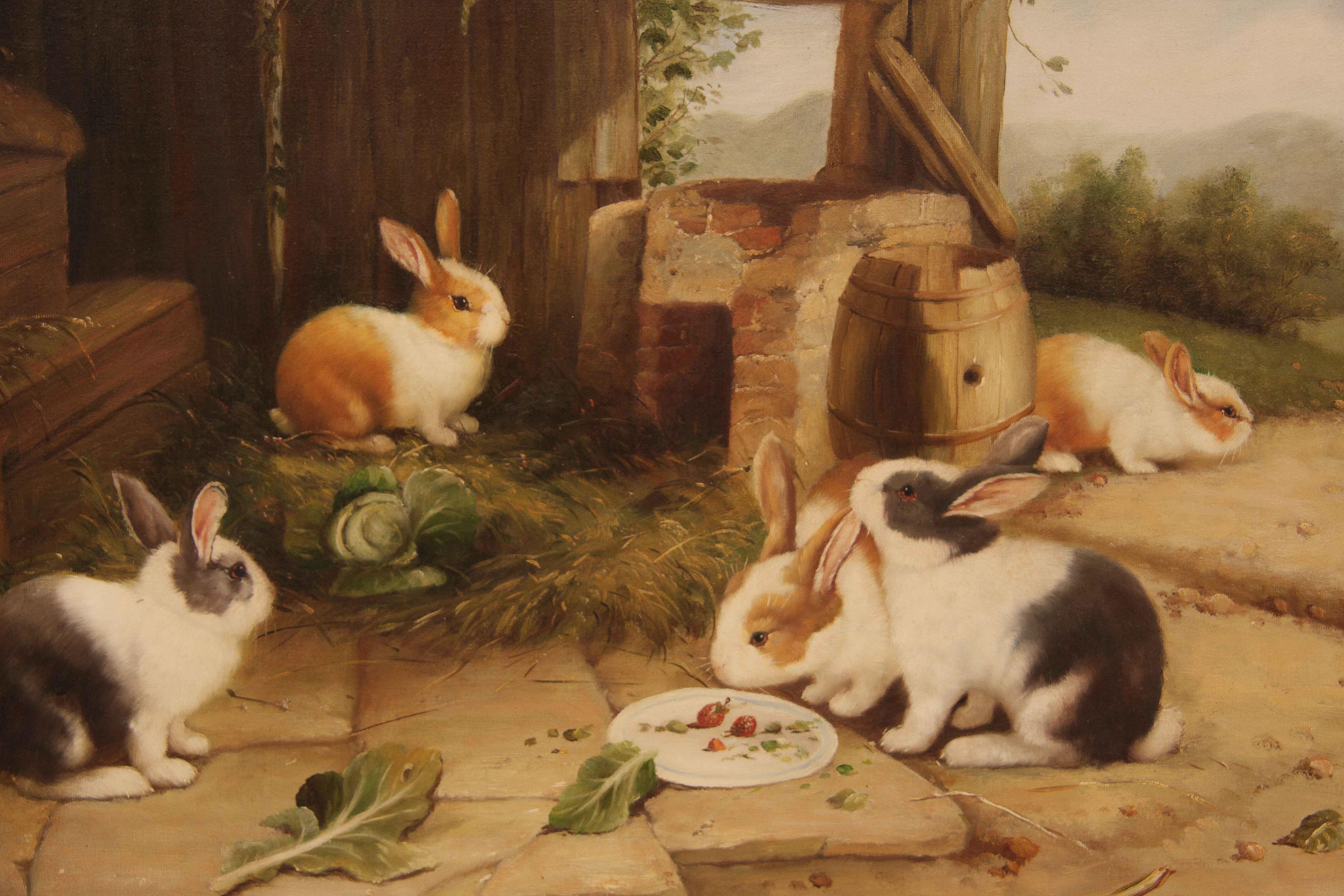 Oil Painting of Rabbits on Canvas For Sale 4