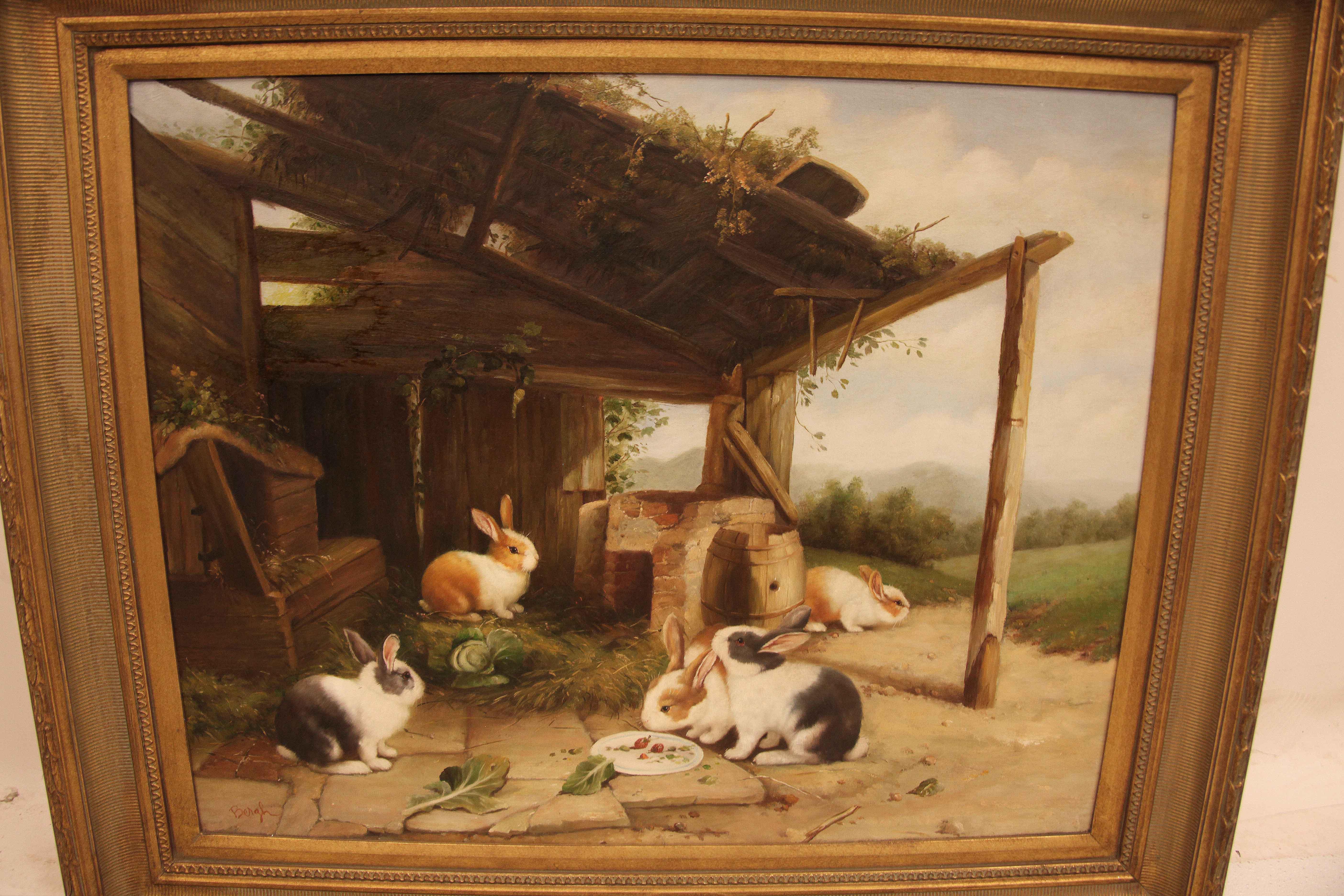 Oil painting of rabbits on canvas,  scene featuring five rabbits under shelter eating and resting.   