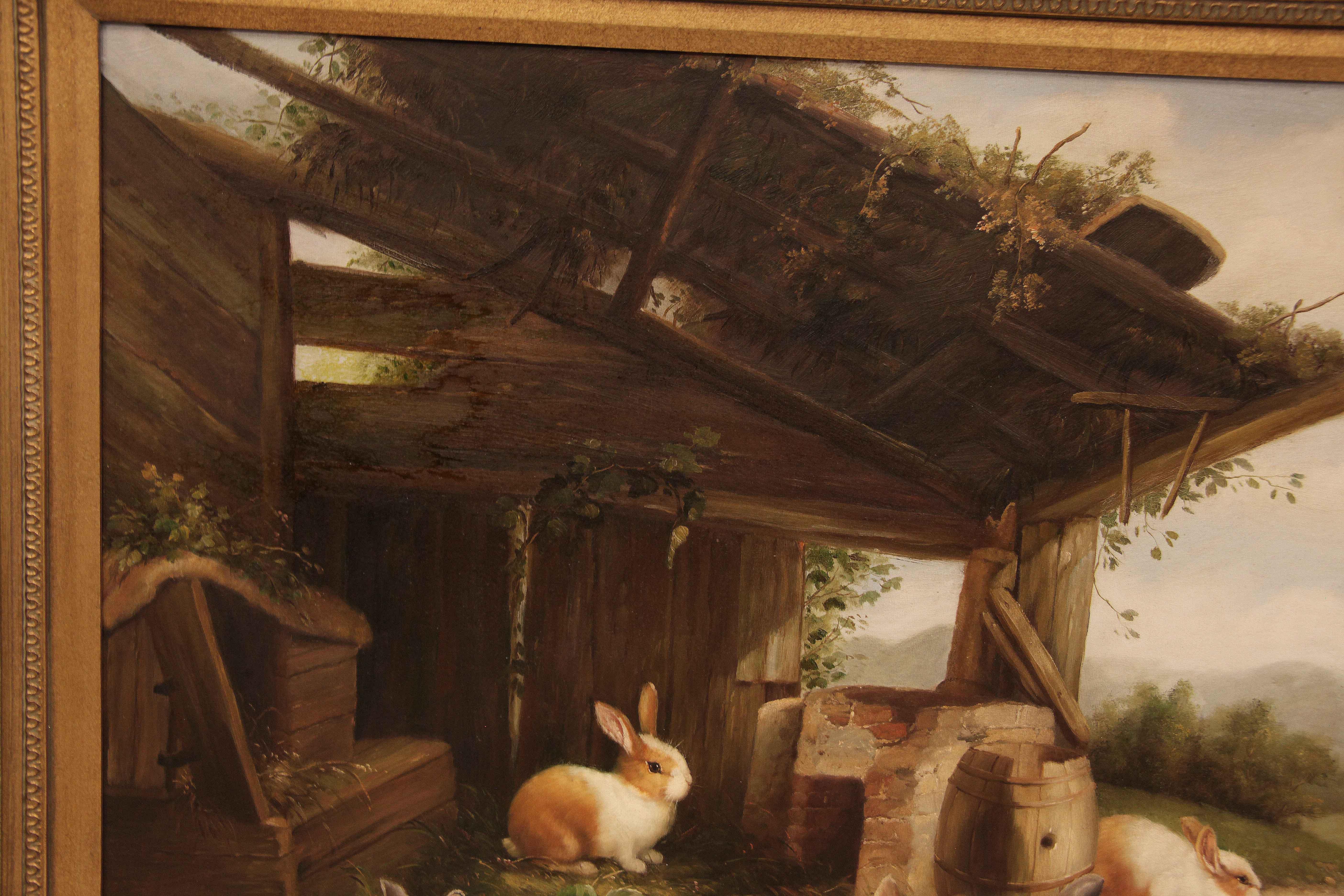 English Oil Painting of Rabbits on Canvas For Sale