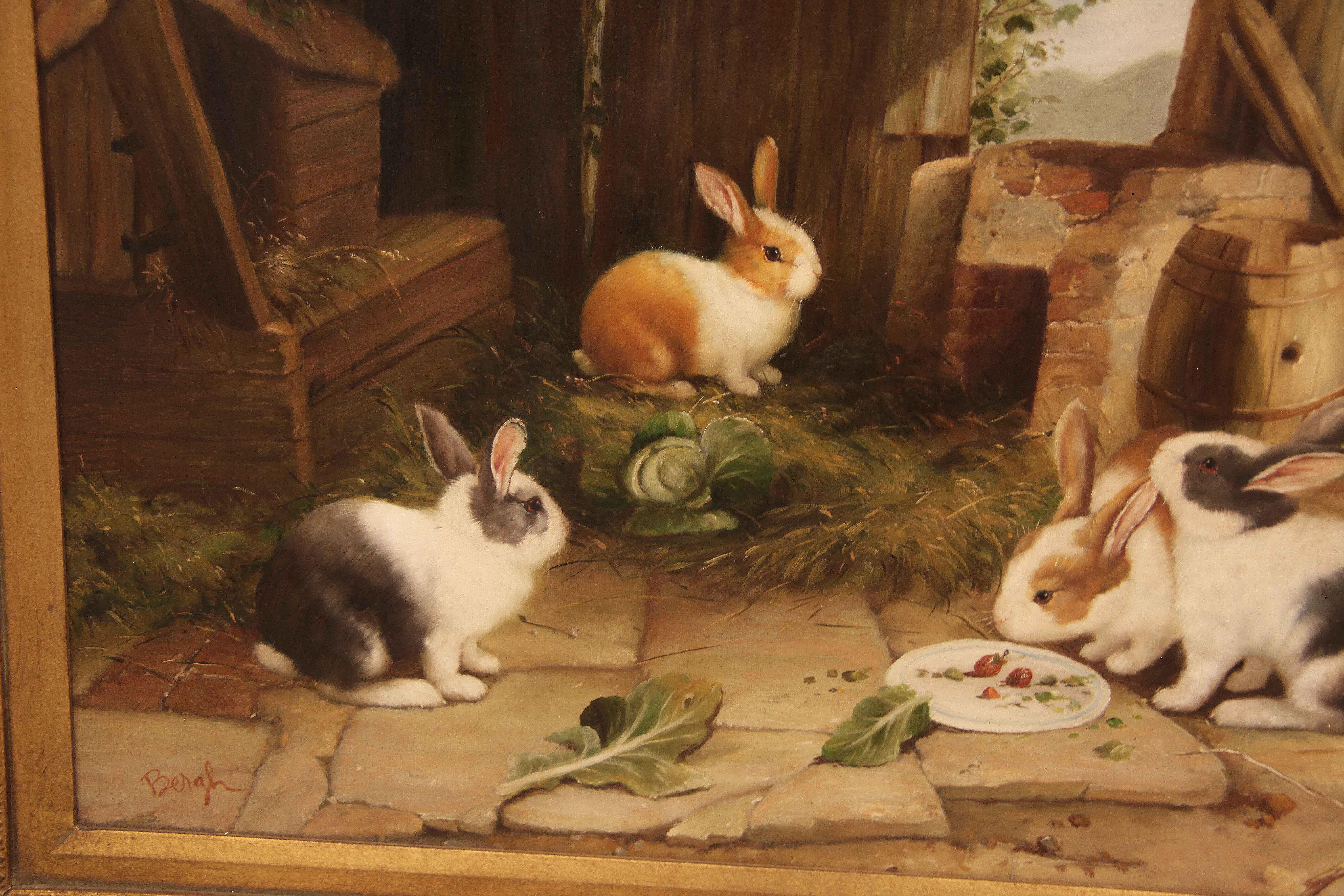 Hand-Painted Oil Painting of Rabbits on Canvas For Sale