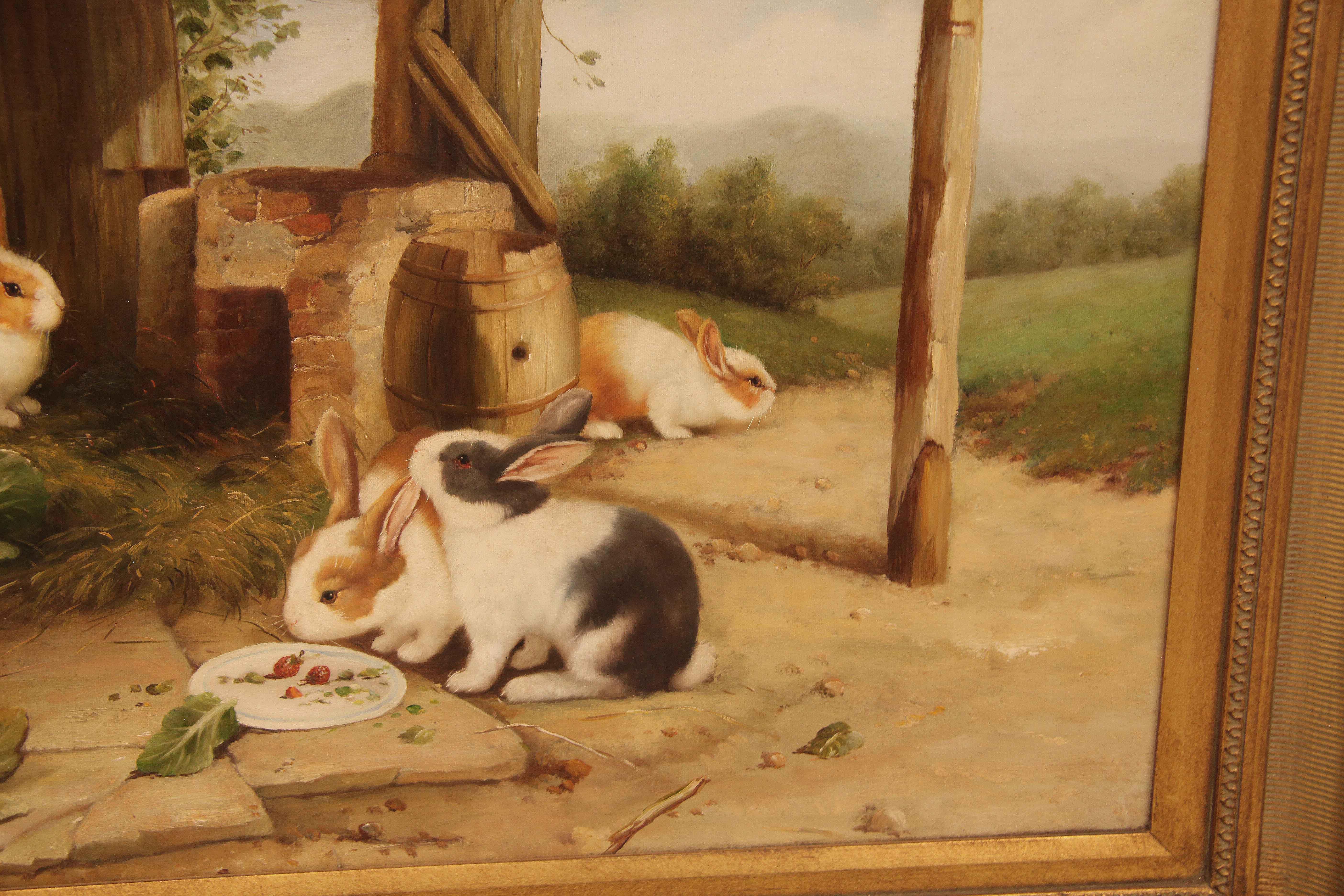 Peinture à l'huile de lapins sur toile Bon état - En vente à Wilson, NC