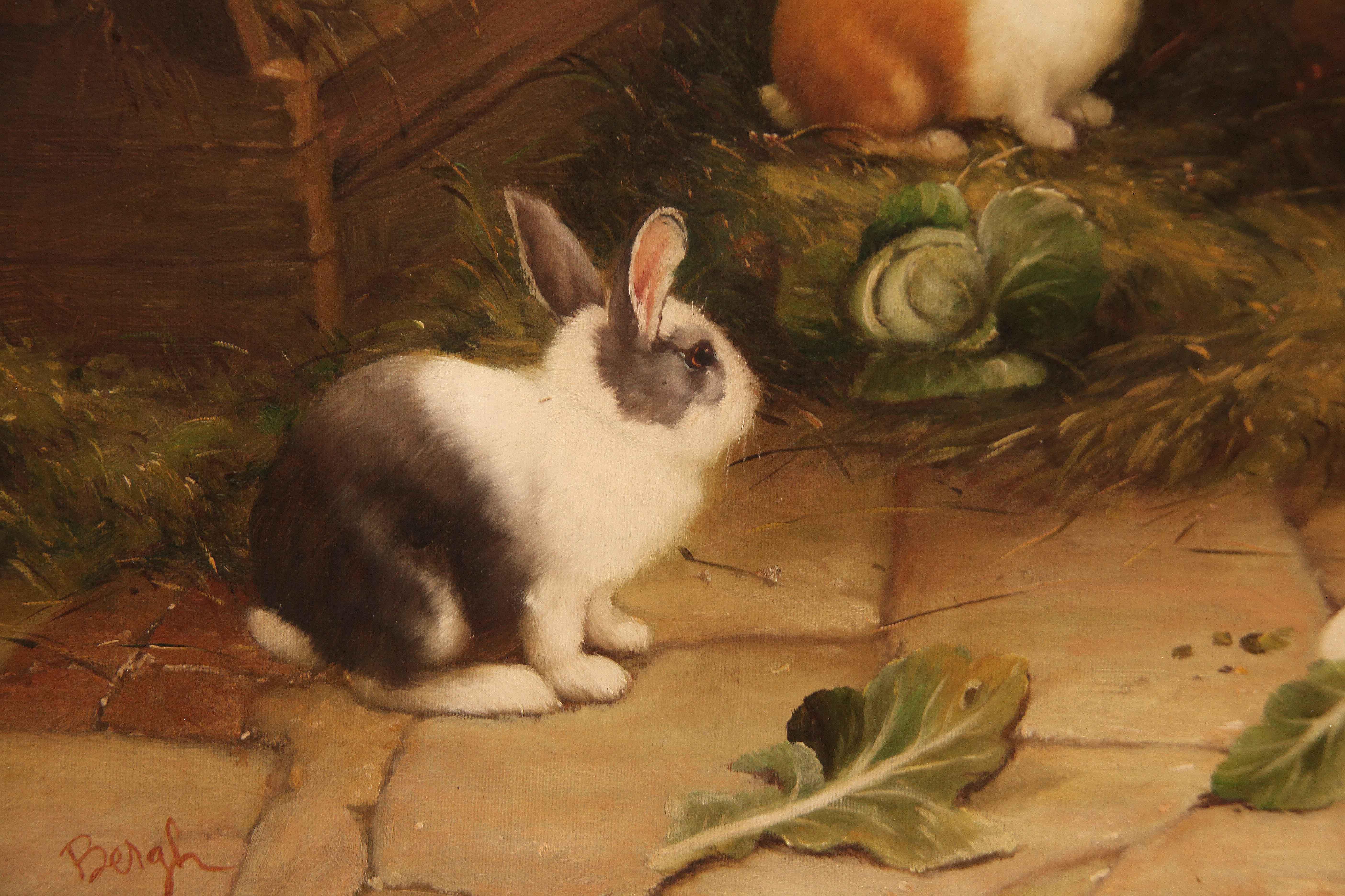 Oil Painting of Rabbits on Canvas For Sale 1