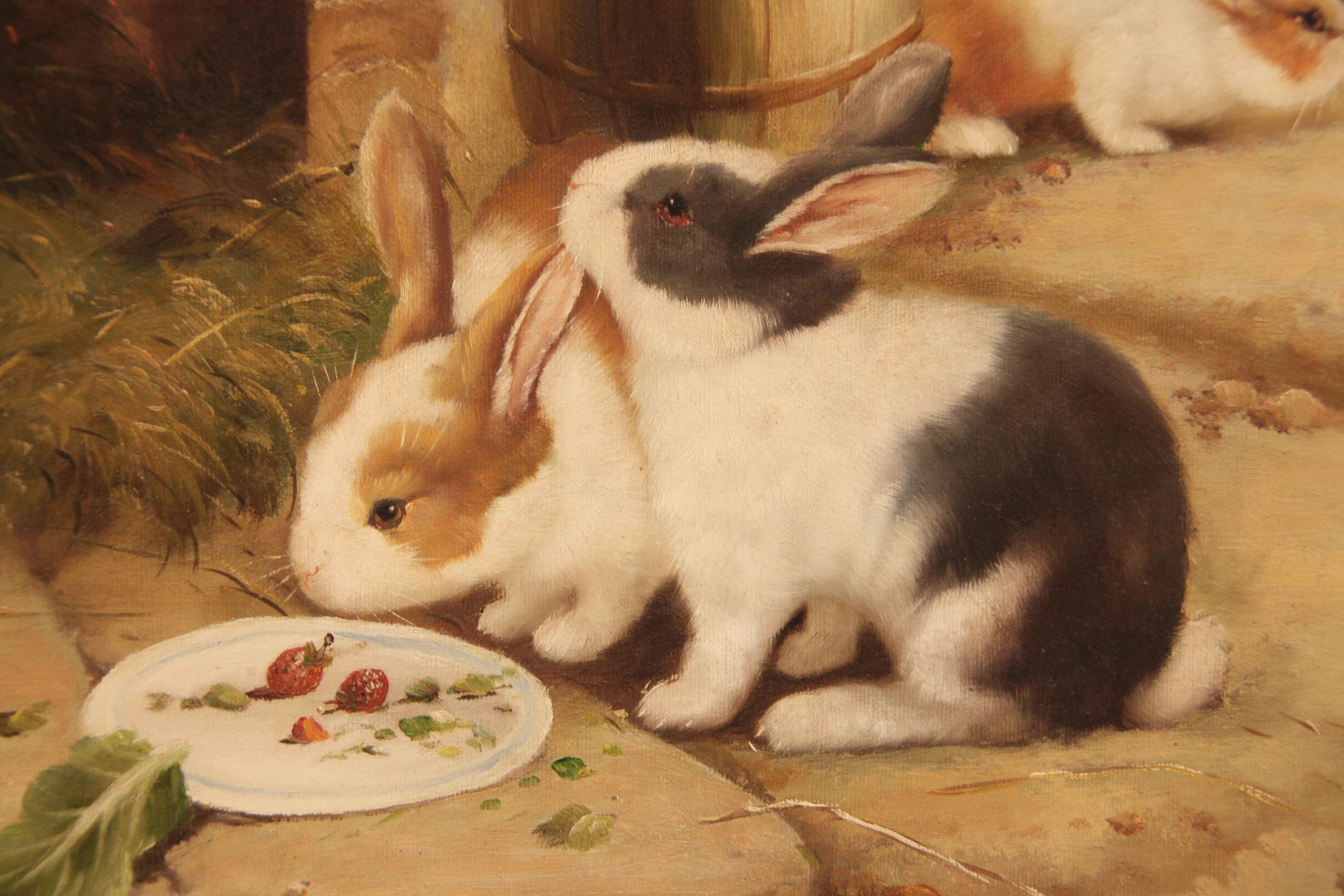 Peinture à l'huile de lapins sur toile en vente 1